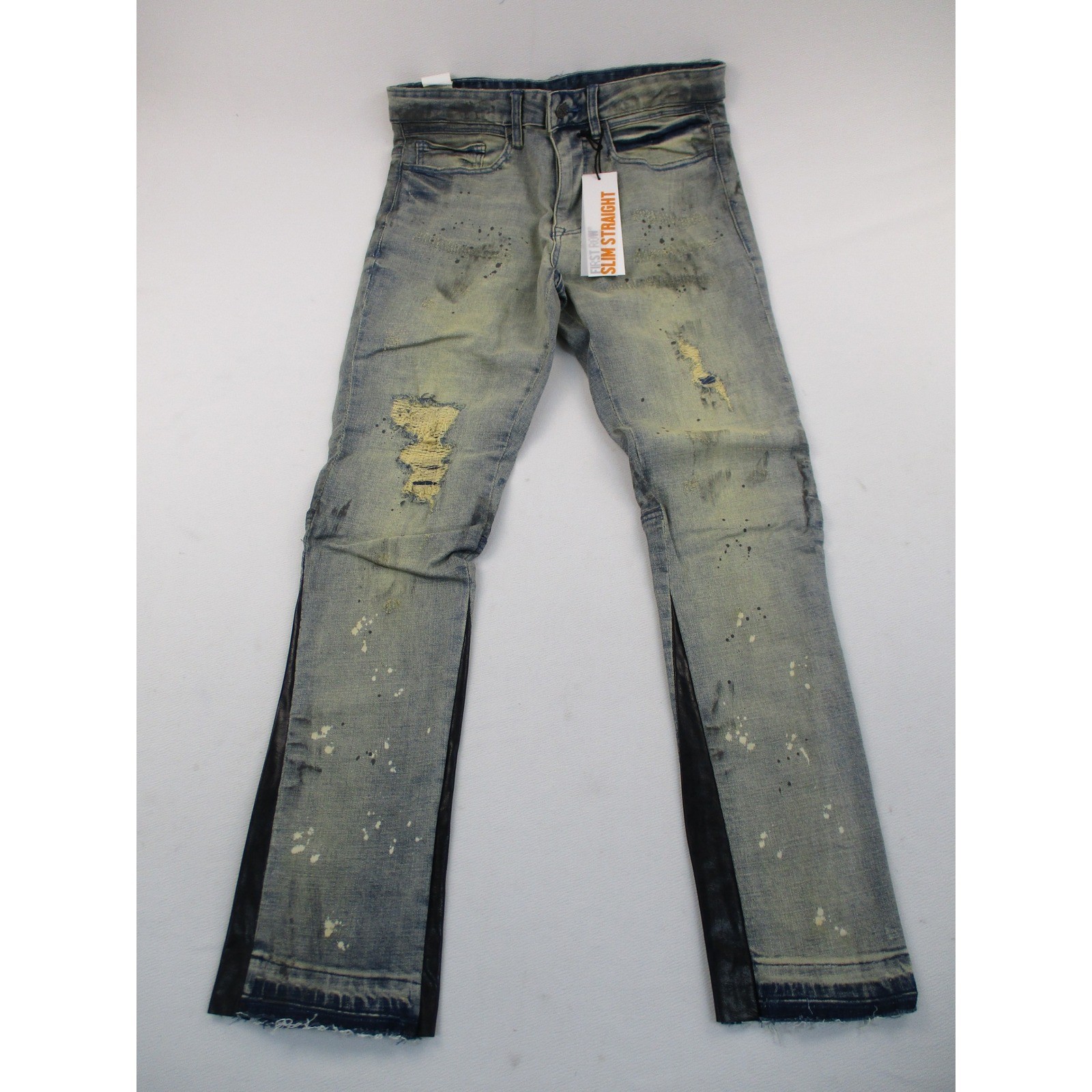 First Row Slim Straight Jeans Mens 32 Blue Distressed Paint Splatter Flare Leg