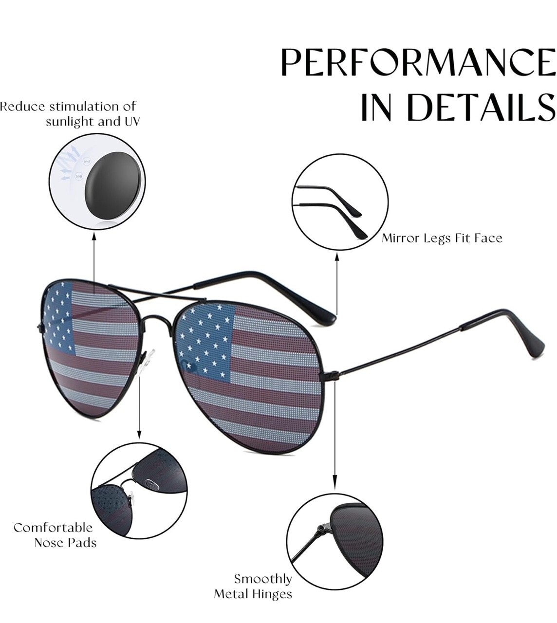 USA Glasses American Flag Aviator Sunglasses Black United States Patriotic