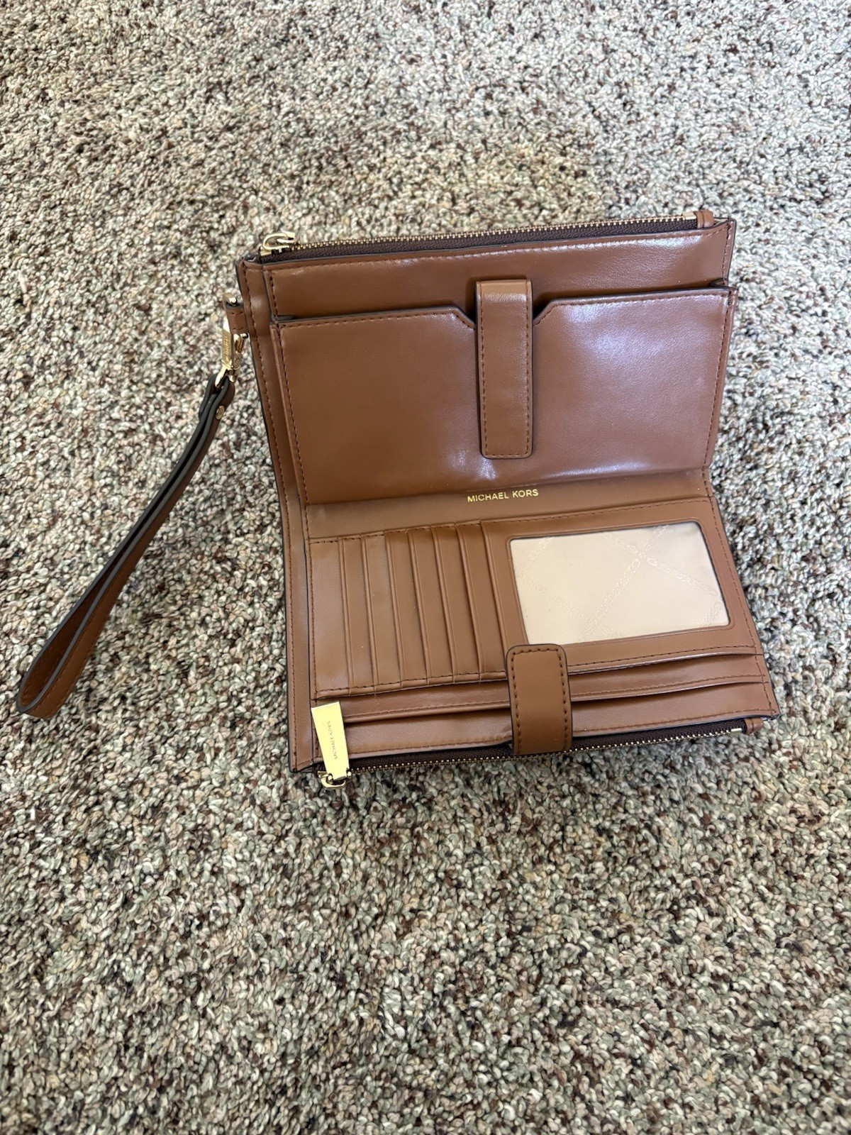 Michael Kors Geometric Print Wristlet Wallet Brown Pink Red Zip Strap