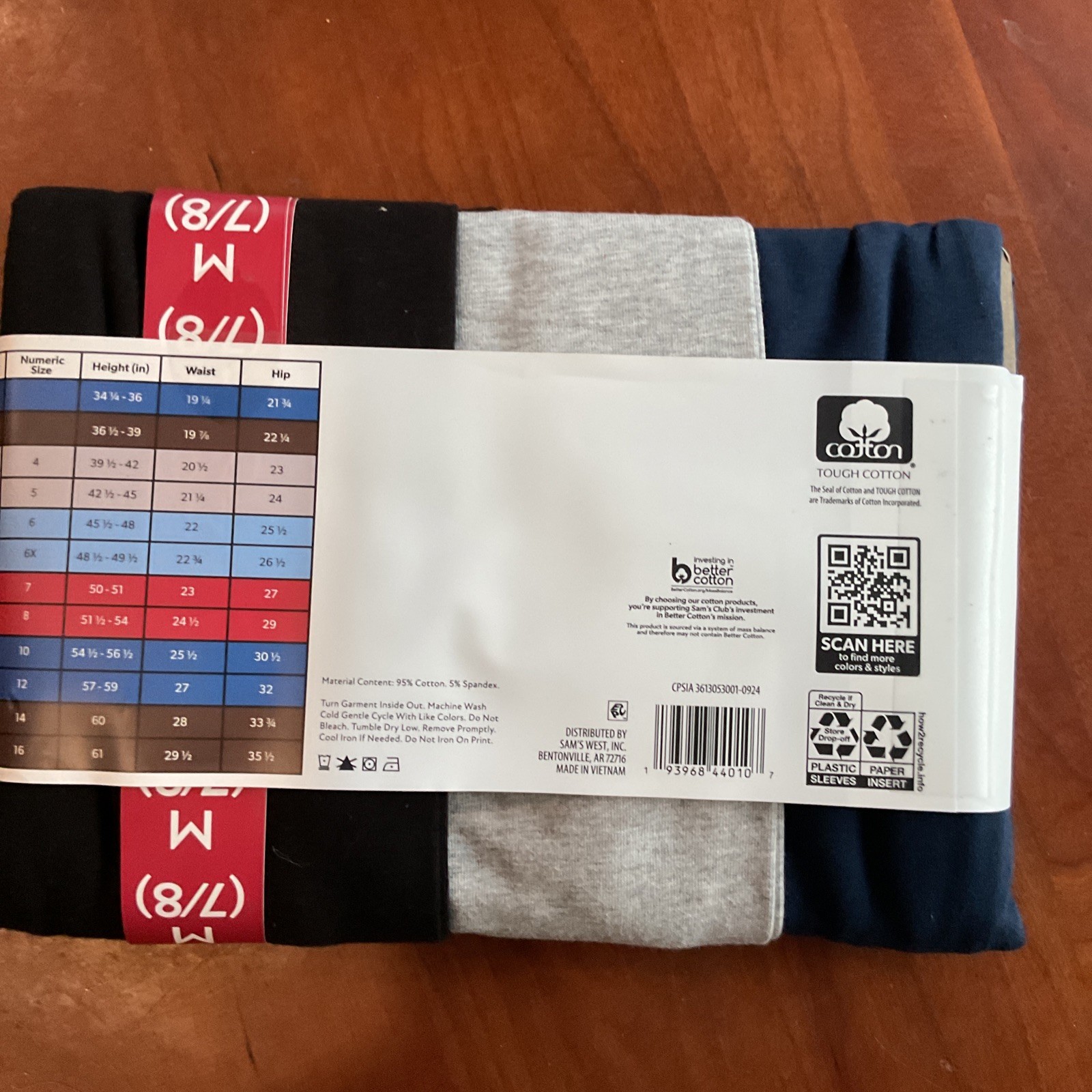 Members Mark Girls 3 Pack Leggings Multicolored( Navy,Gray,Black) Size 7/8