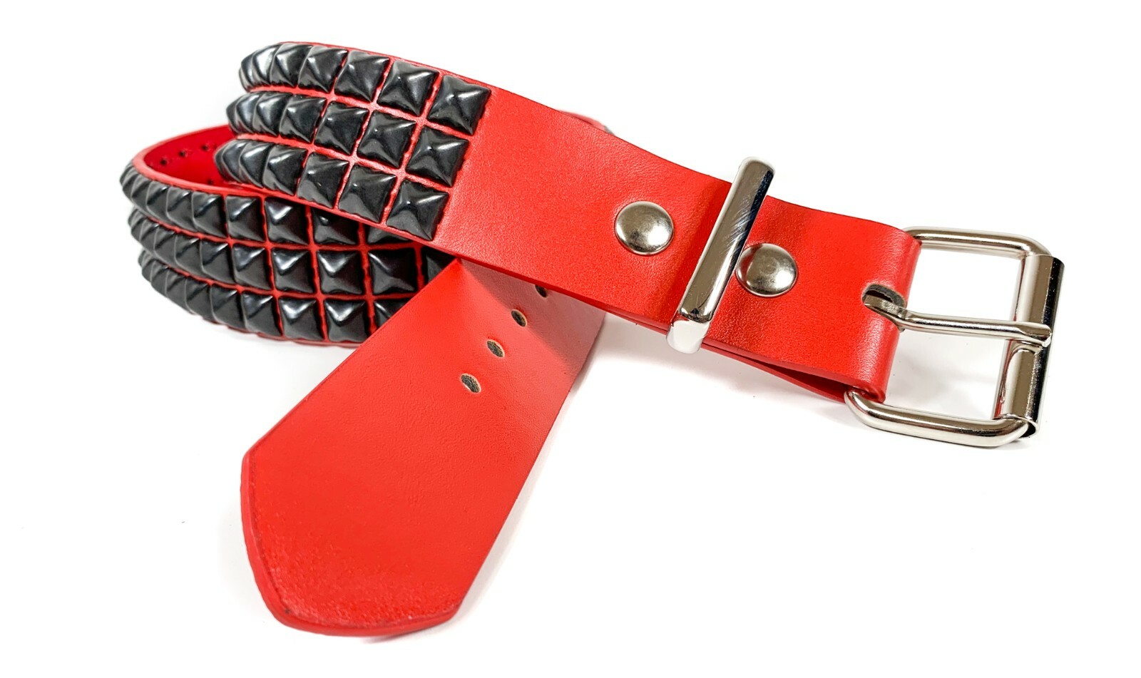 Vegan Red Leather Three Row Black Pyramid Stud Belt Punk Goth Metal Funk Plus