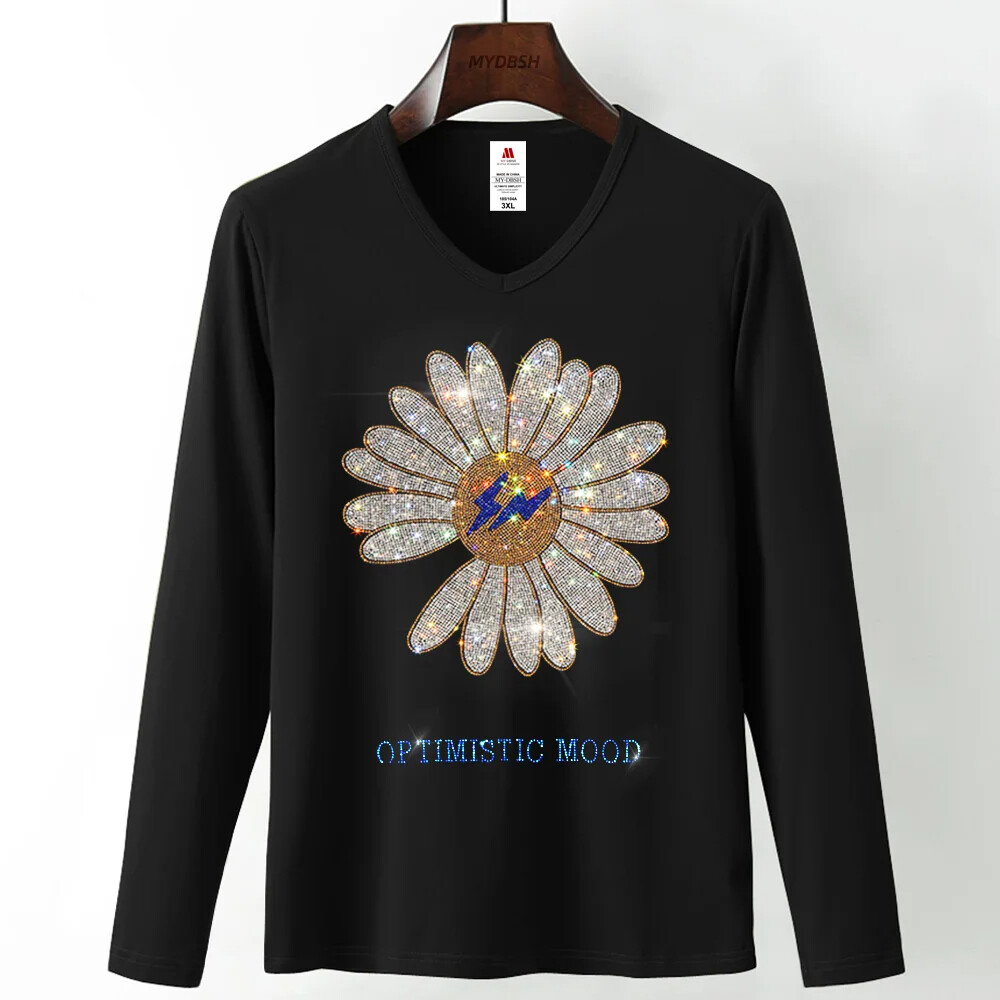 Fashion Trend Flower Rhinestone Streetwear Long Sleeve Luxury Men V-Neck T-Shirt