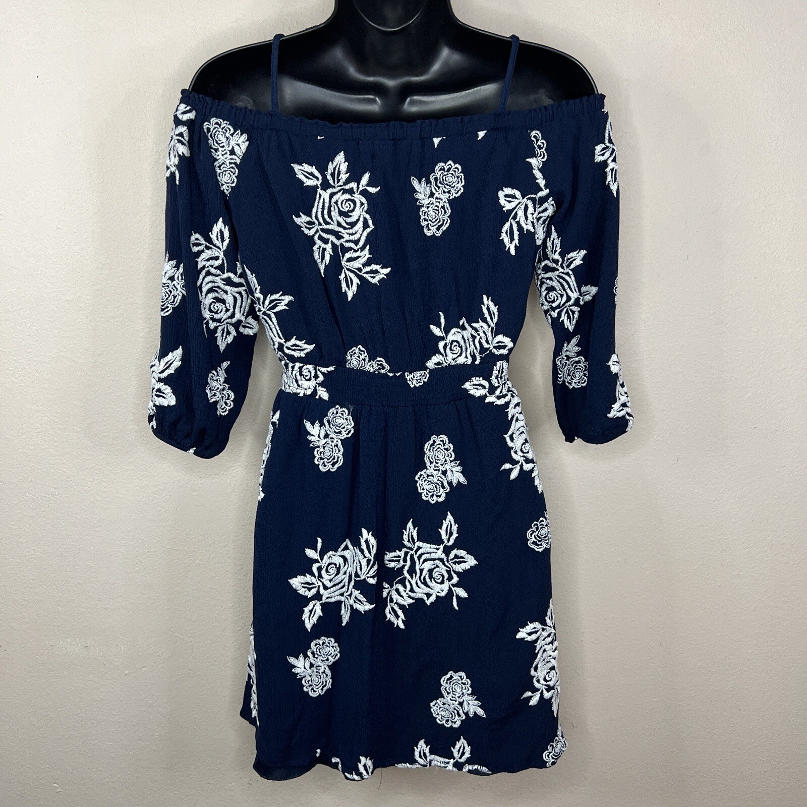 Small Dark Blue White Embroidered Floral Peasant Boho Dress Cold Shoulder