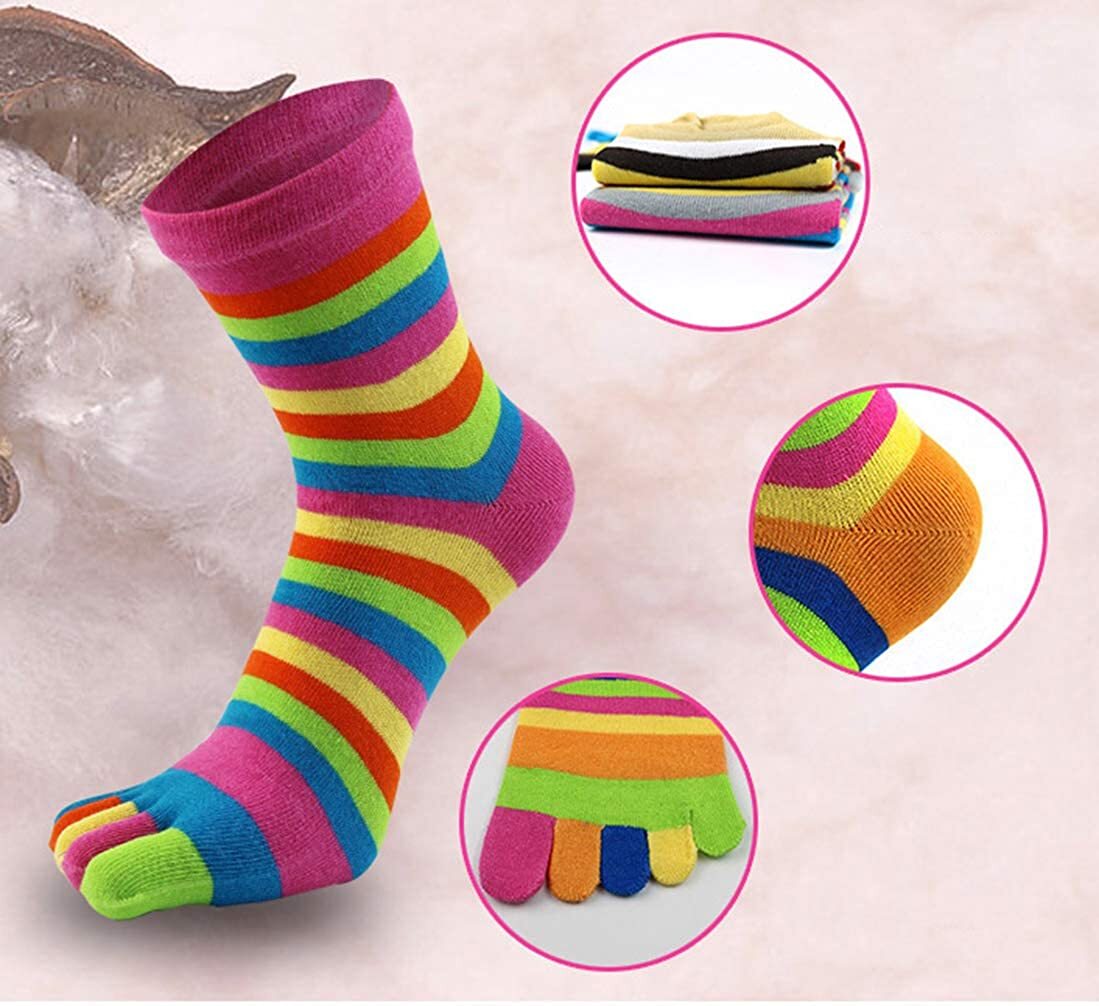 5 Pairs Women Five Finger Toe Socks Crew Sport Colors Causal Rainbow Striped 5-9