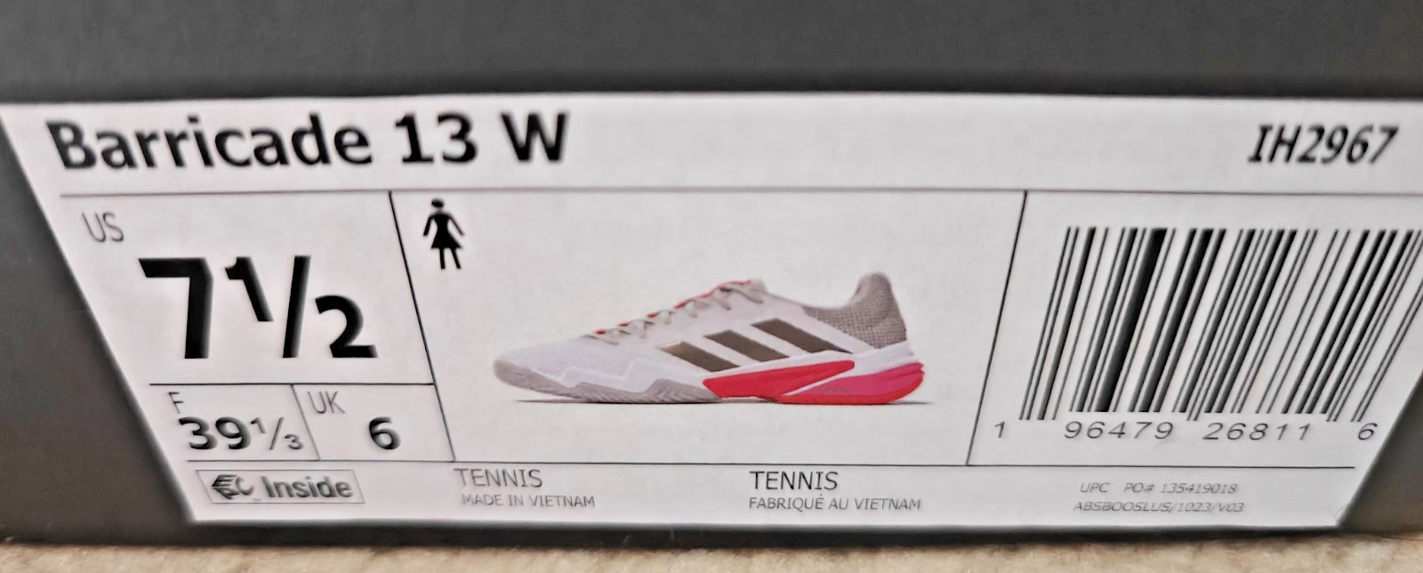 Adidas Barricade 13 Women Tennis Shoes, Size 7.5, White IH2967