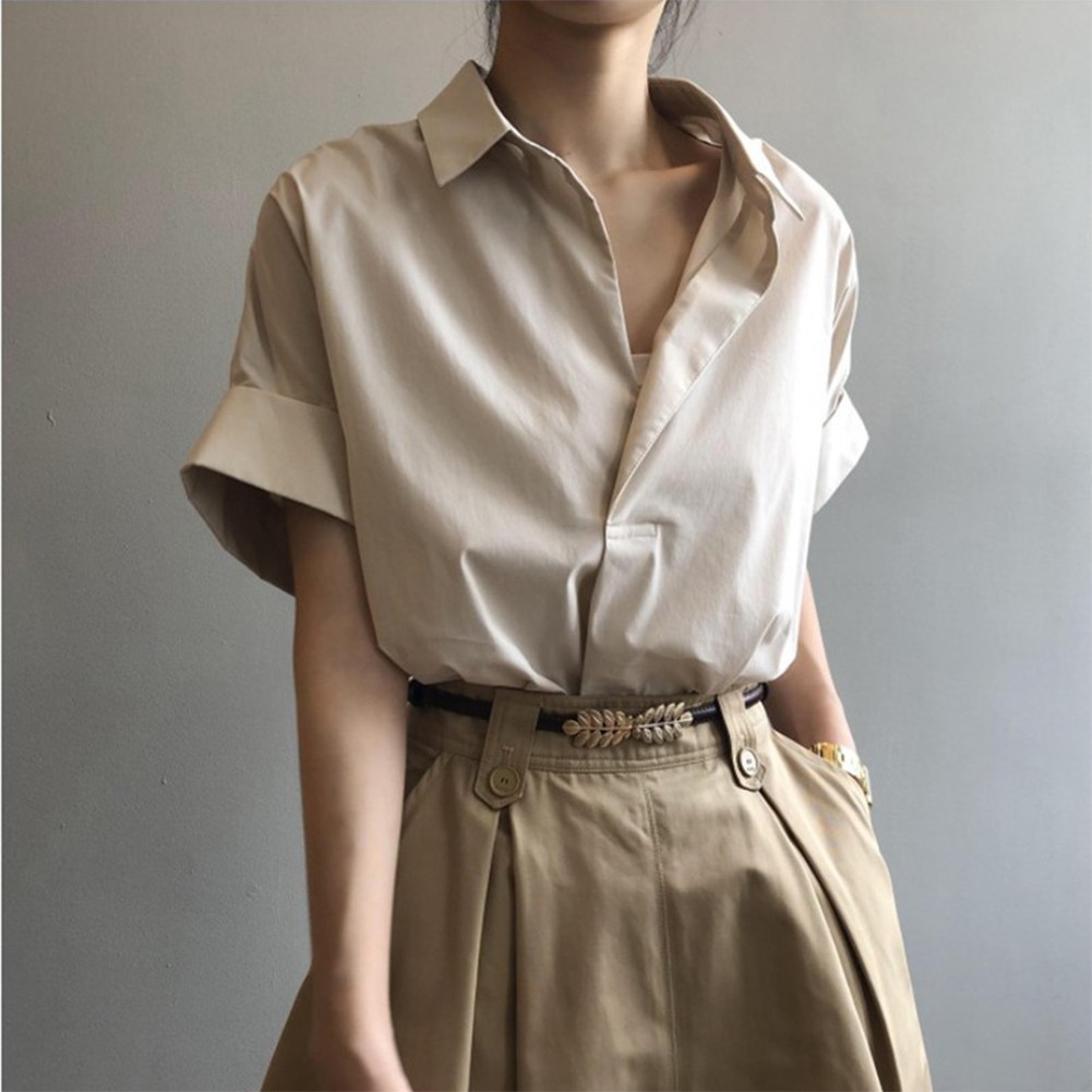 Stylish Women Blouses Simple Short Batwing Sleeve Turn Town Collar Design