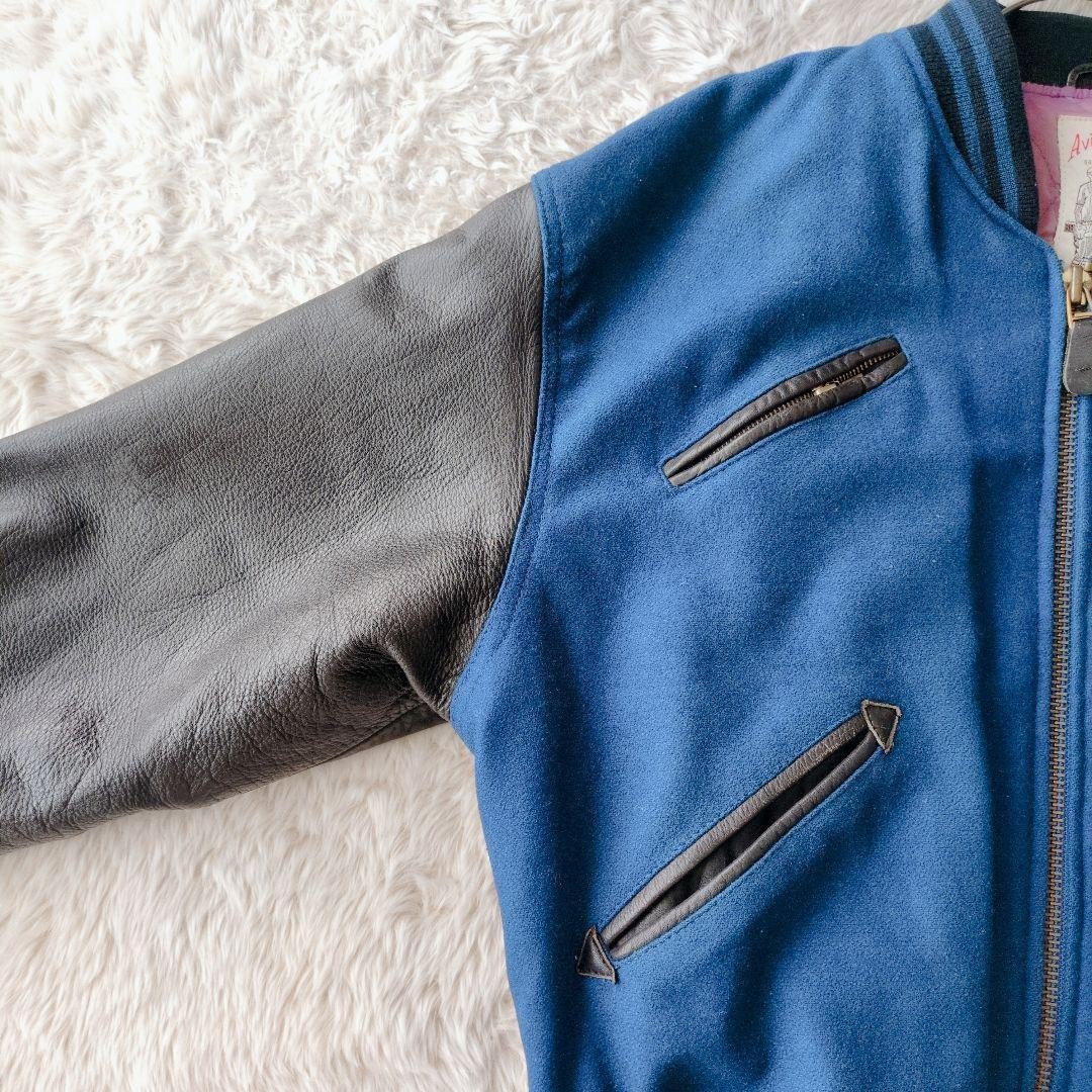 AVIREX Leather Wool Stadium Jacket Blouson Coat Men Size M Blue Black Vintage