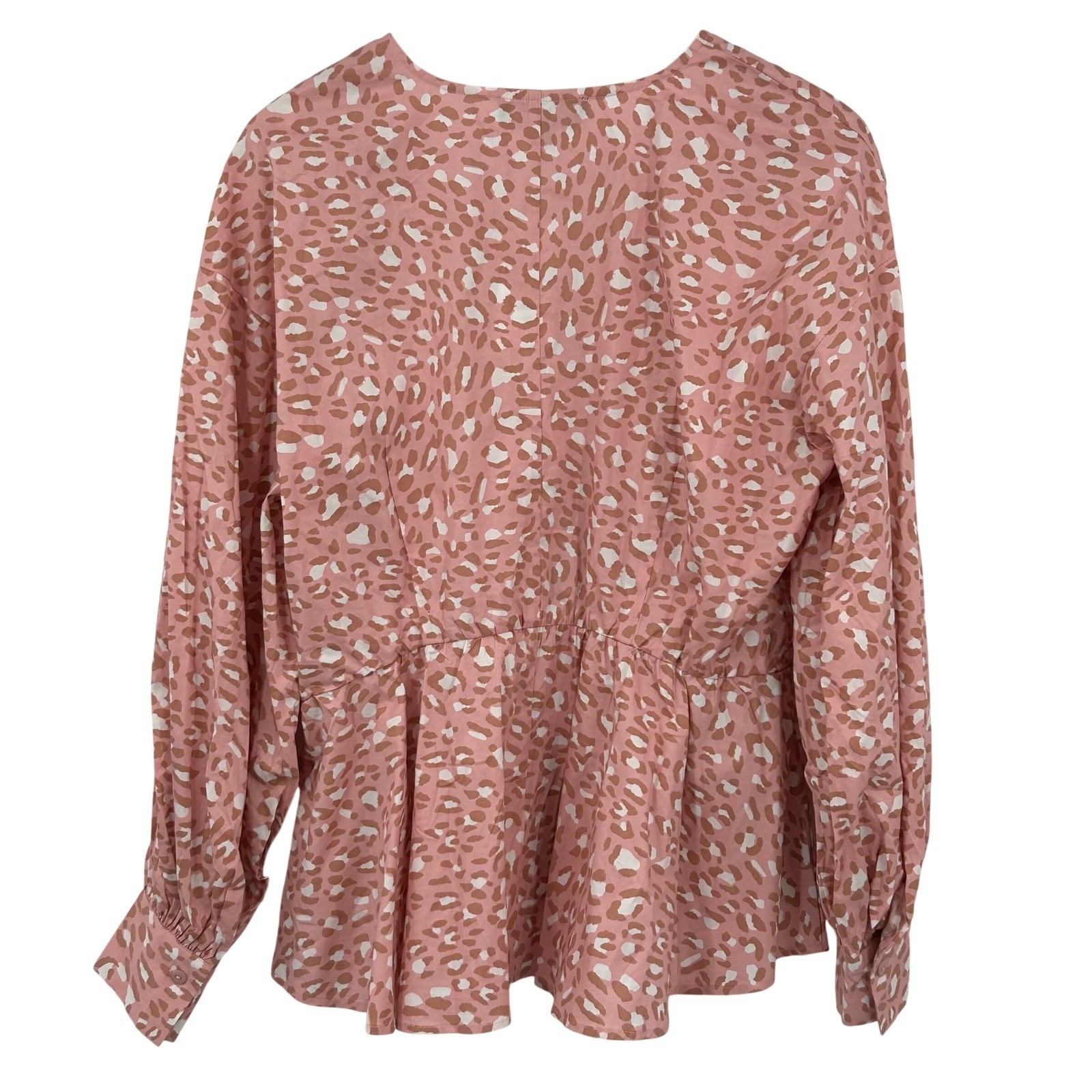 Eloquii Women Peplum Wrap Blouse 14 Pink Leopard Print Long Sleeve Animal Core