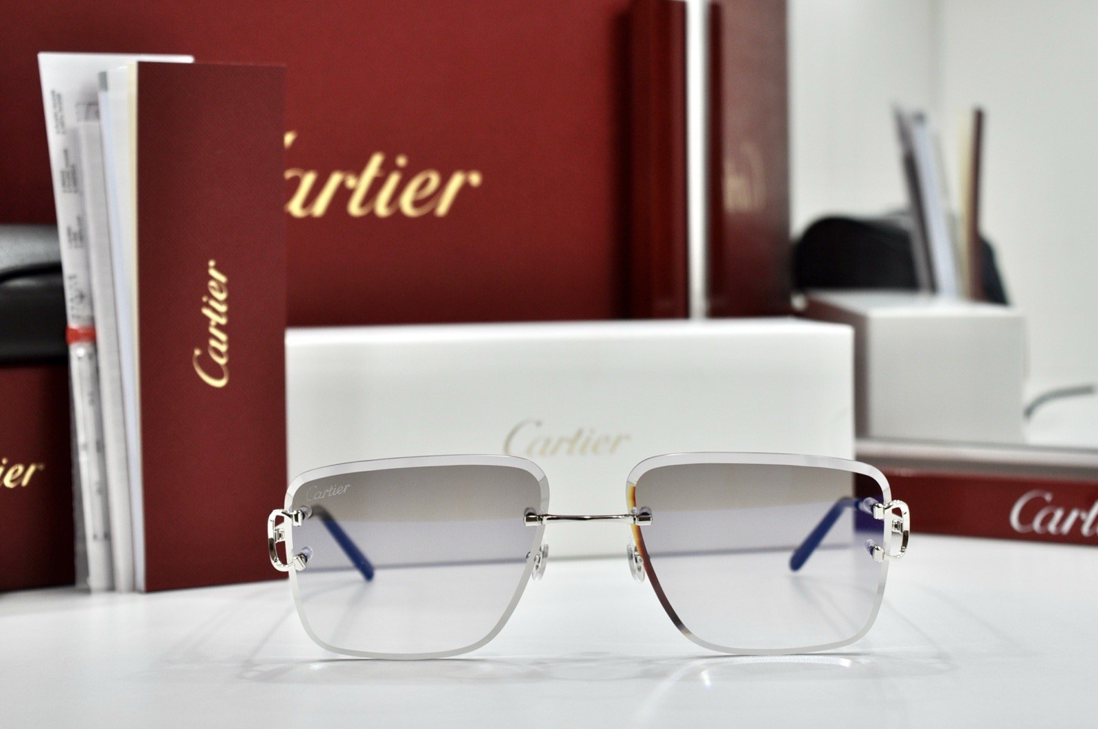 Cartier rimless sunglasses piccadilly glasses Diamond Cut BIG C silver Frame