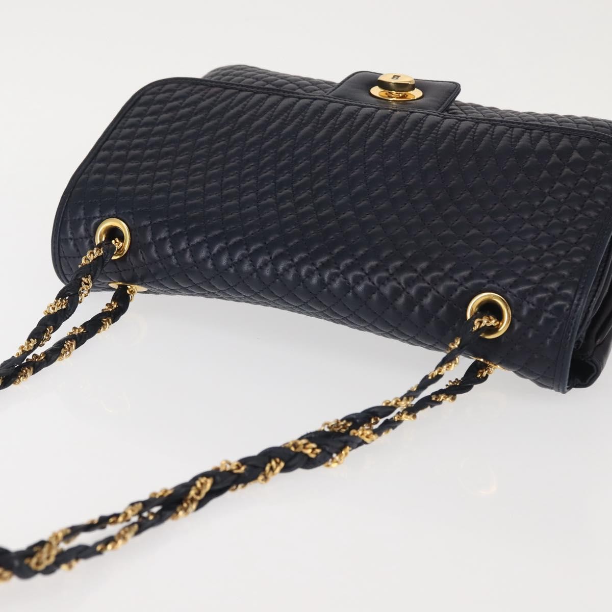 BALLY Chain Shoulder Bag Leather Navy Gold Auth 143089