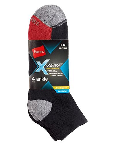 Hanes® Men’s X-TEMP Black Ankle Socks 4-Pack ” Arch Support & Active Cool” 516/4