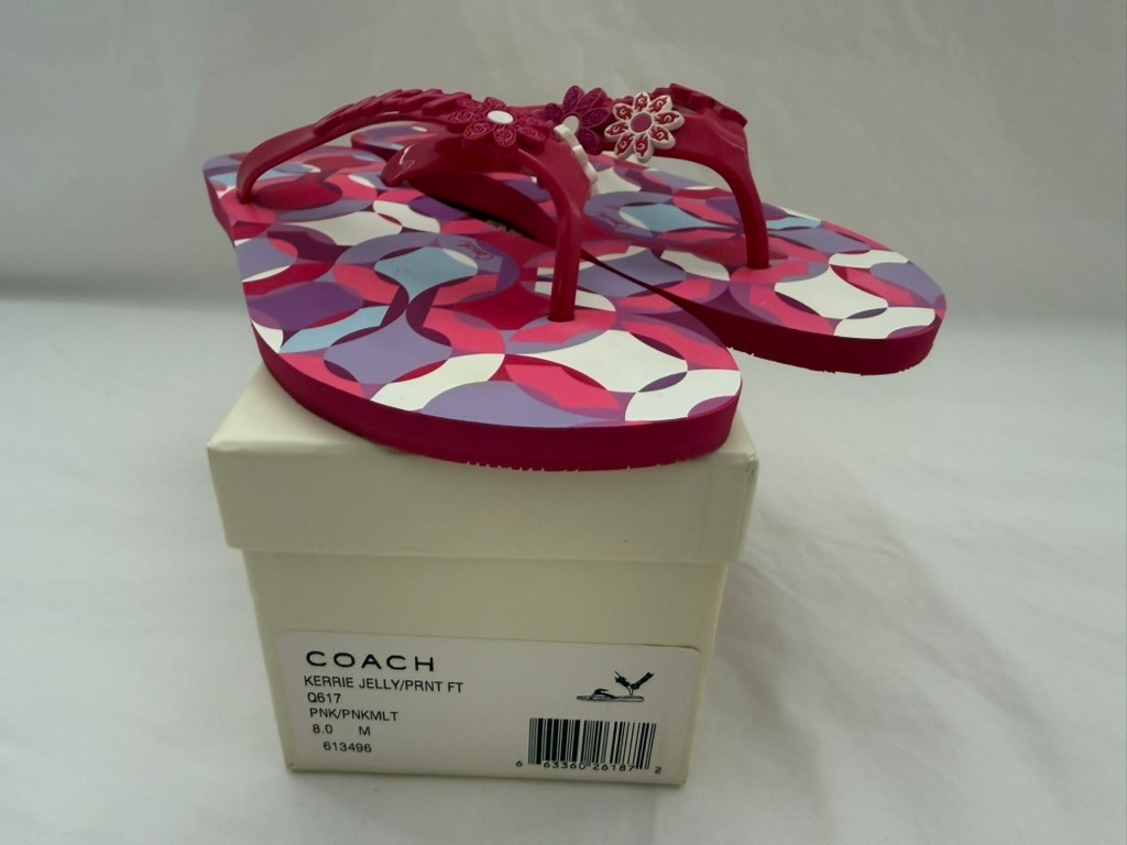 Coach Kerrie Jelly Print Flip Flops Sandals Size 8 Pink Multi NEW With Box