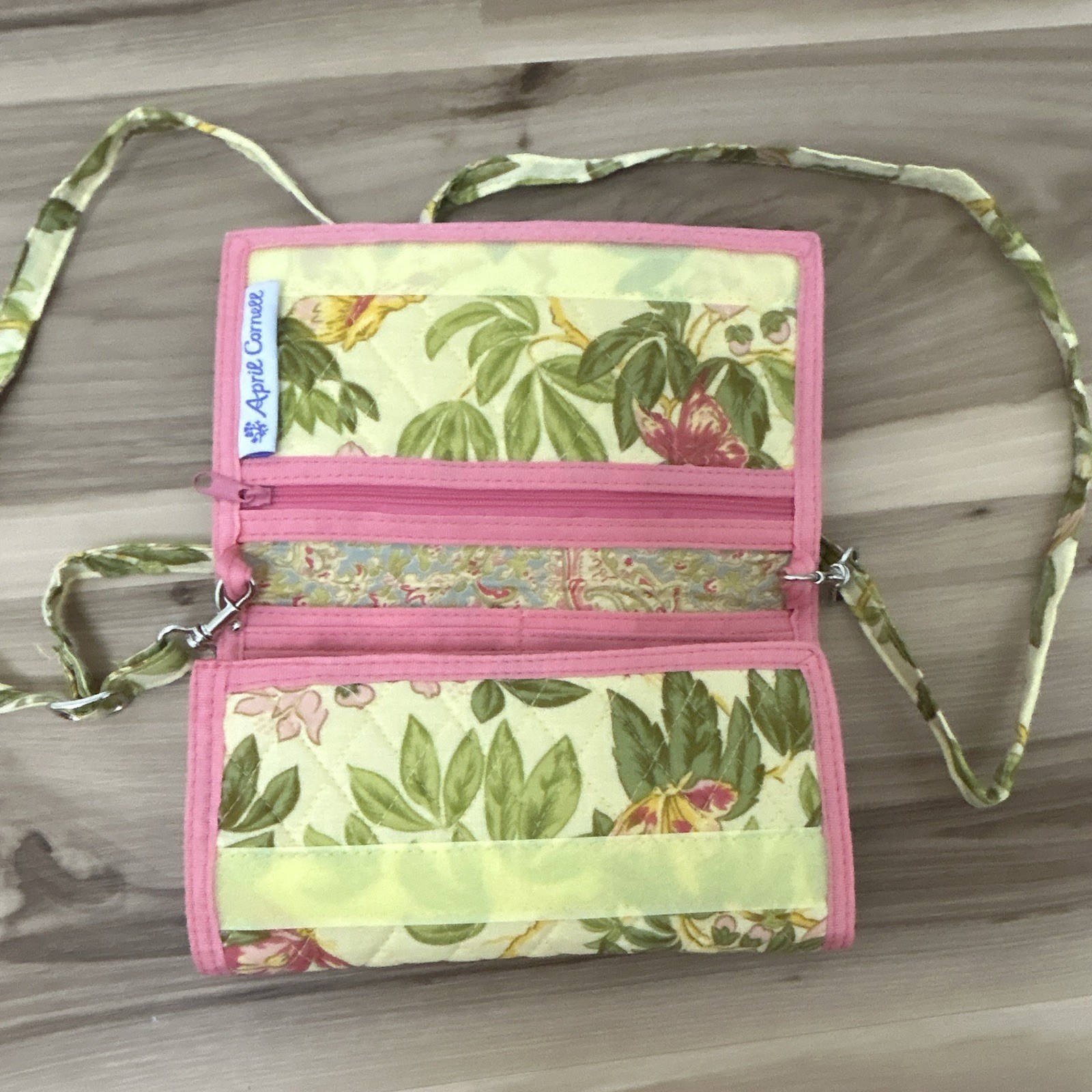 Aprile Cornaz Floral Wallet Organizer w/ Strap, Zipper, Folding, Pink Trim