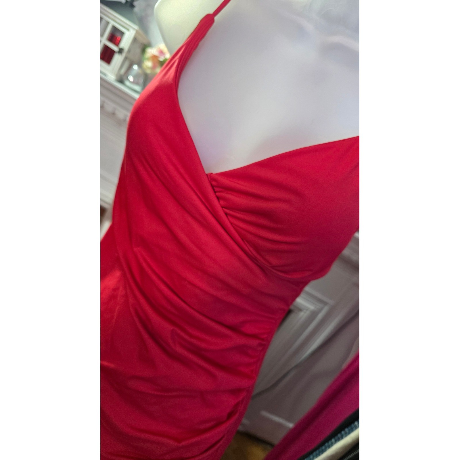 Halara Red Ruched Side Slit V-Neck Bodycon Midi Dress Small NWT