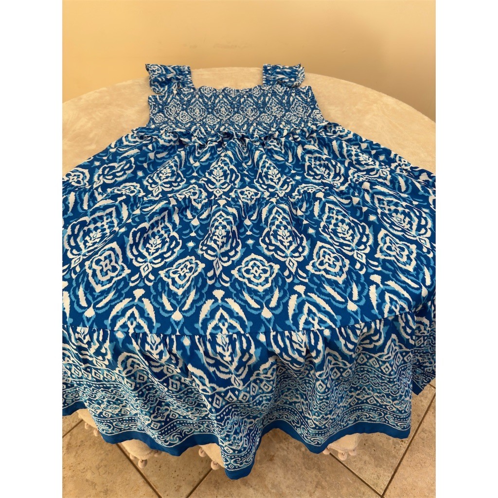 MIXIT Maxi Dress Womens 2XL Blue & White Ikat Smocked Flutter Sleeve NEW!