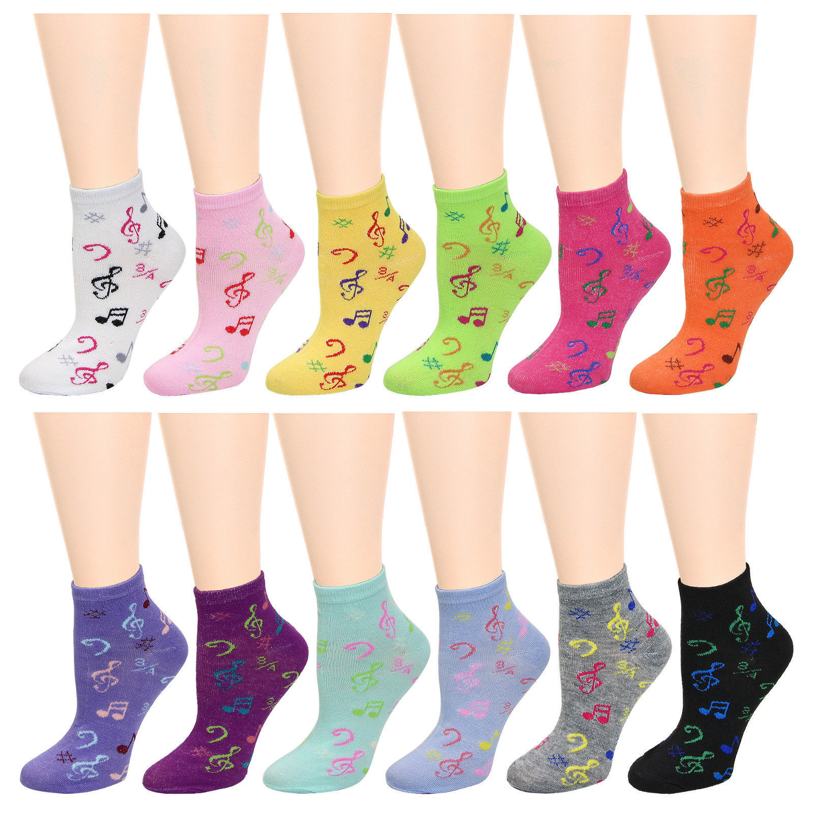 12 Pair Assorted Color Music Notes Pattern Women Athletic Sport Ankle Socks 9-11