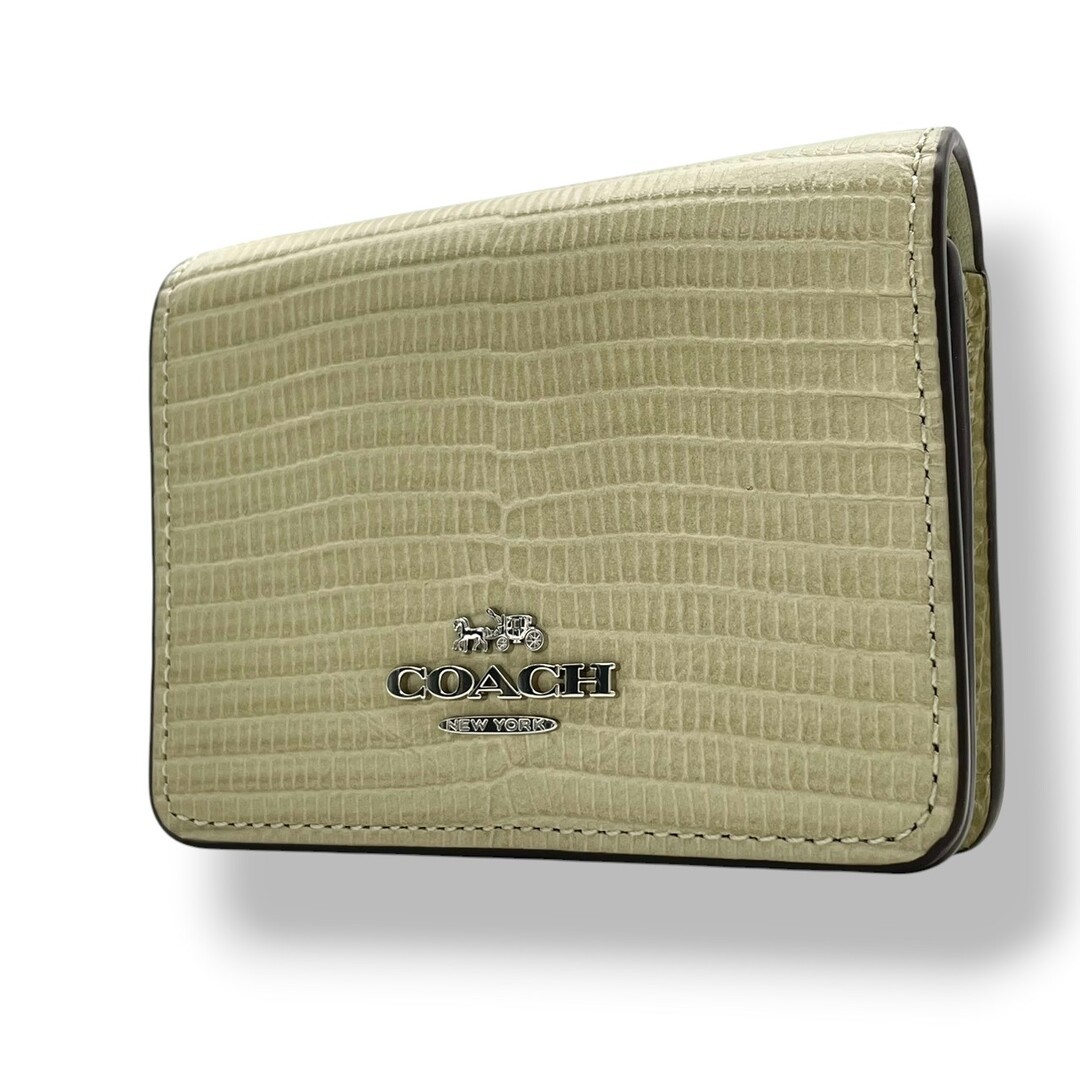 COACH Mini Wallet on Chain CR372 Pale Green Embossed Leather Tri Fold Wallet wit