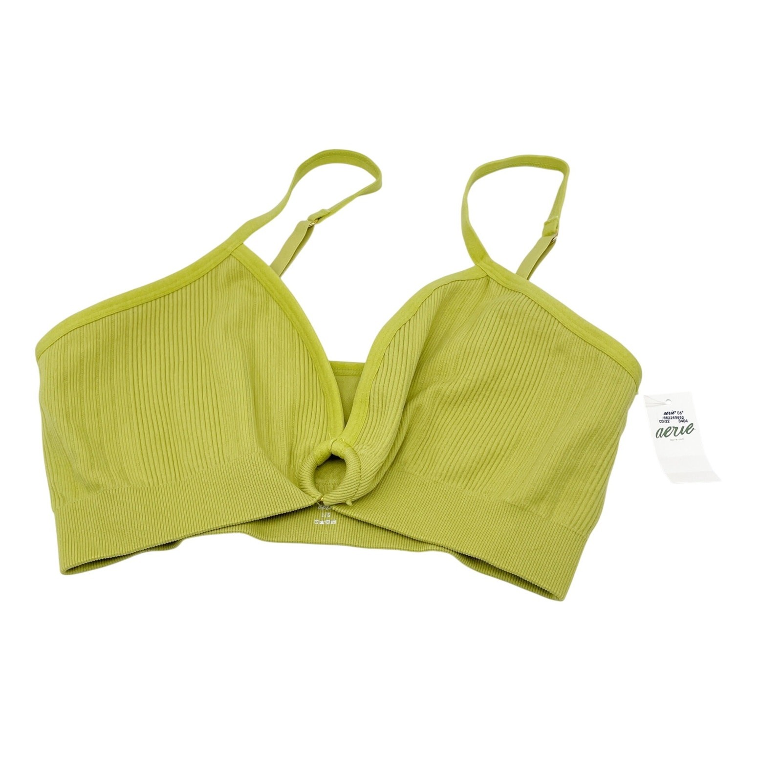 Aerie Womens Ribbed Seamless Deep V Neck Ring Plunge Light Bralette Lime Green L