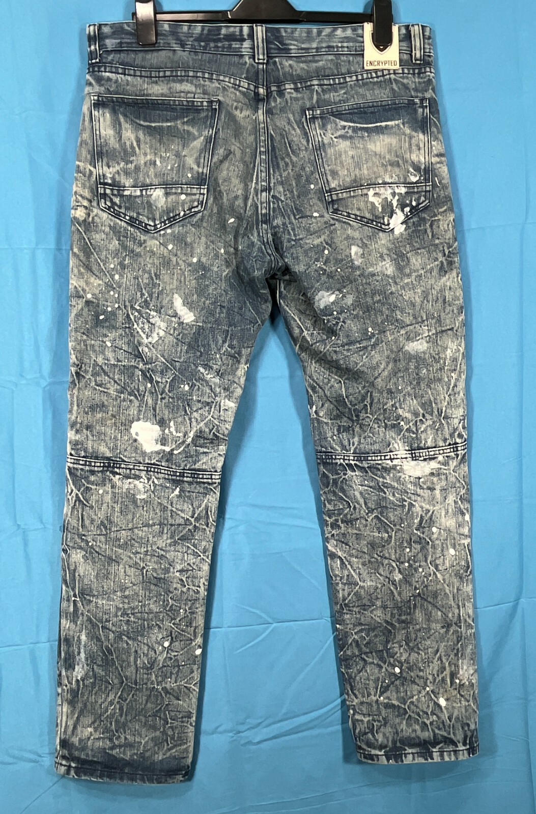 VTG ENCRYPTED Distressed ACID WASH Denim PAINT SPLATTER Zipper MOTO Jeans 38-32