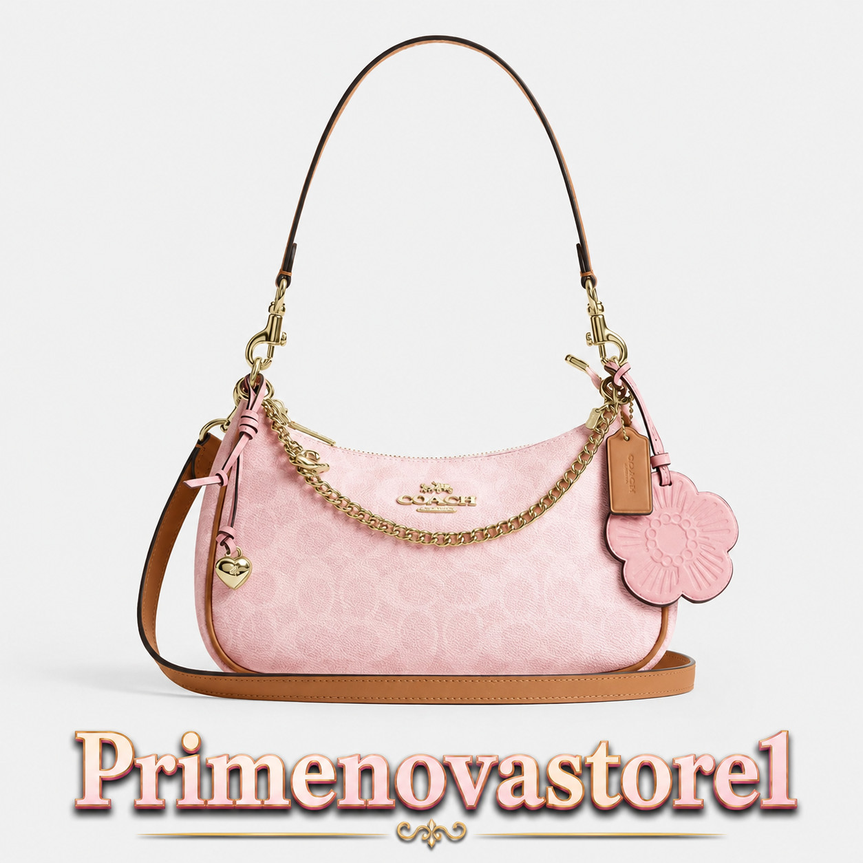 NWT Teri Shoulder Bag Signature Canvas With Charms Gold/Powder Pink CEA20