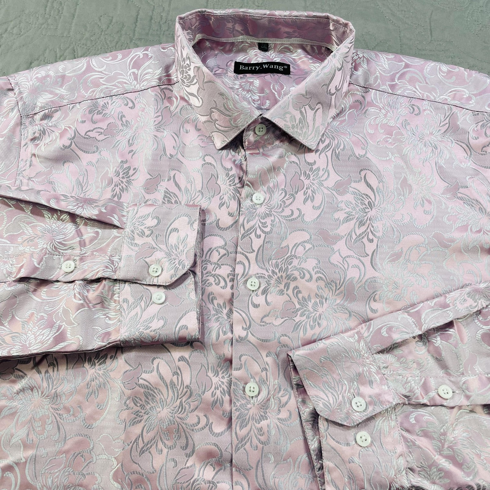 Barry Wang Shirt Mens 2XL Pink Silver Floral Jacquard Button Up Long Sleeve Silk