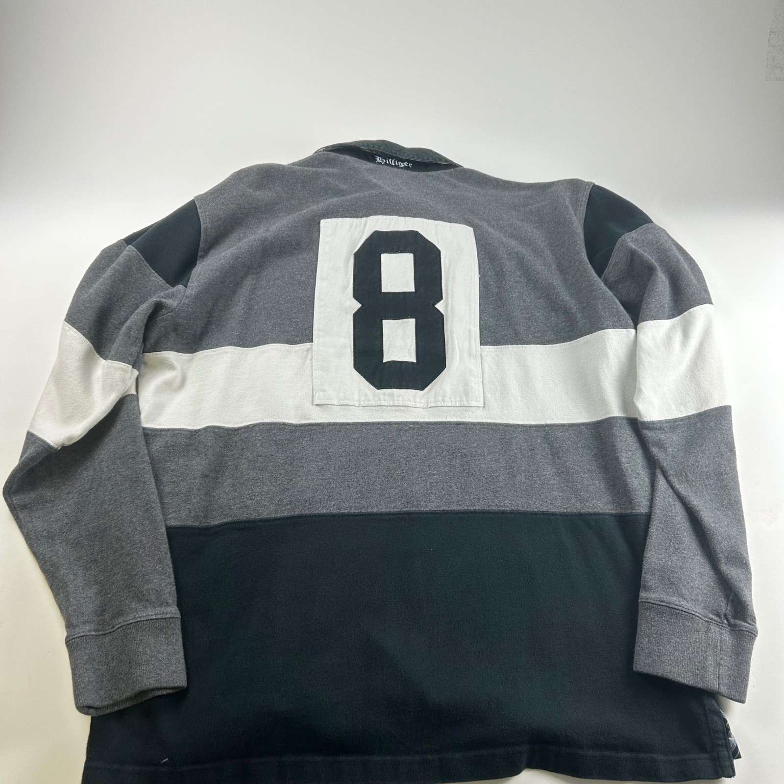 Tommy Hilfiger Mens L Long Sleeve Rugby Shirt Grey Black Colorblock 8 Patch
