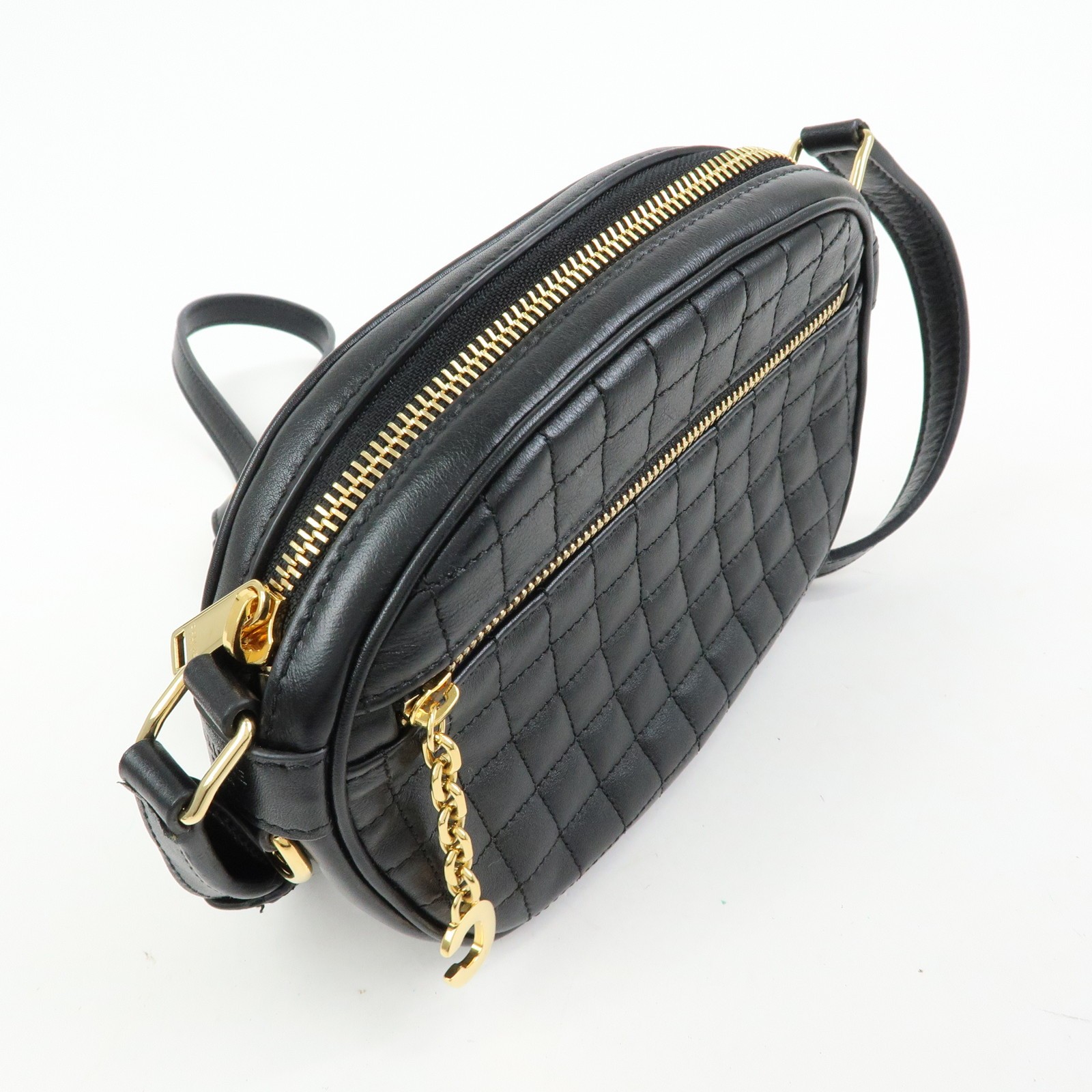 CELINE C Charm Leather Shoulder Bag Crossbody Bag Camera Bag Black Auth Used F/S