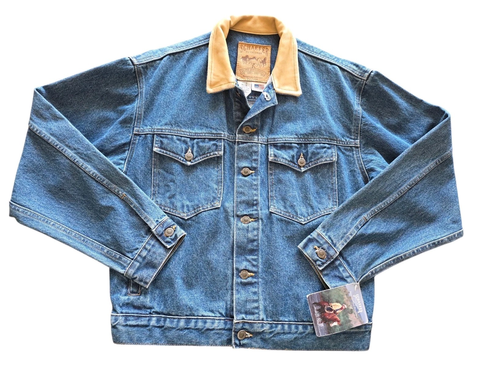 Vintage New Schaefer Outfitters Denim Jacket Leather Collar MEDIUM Made In USA
