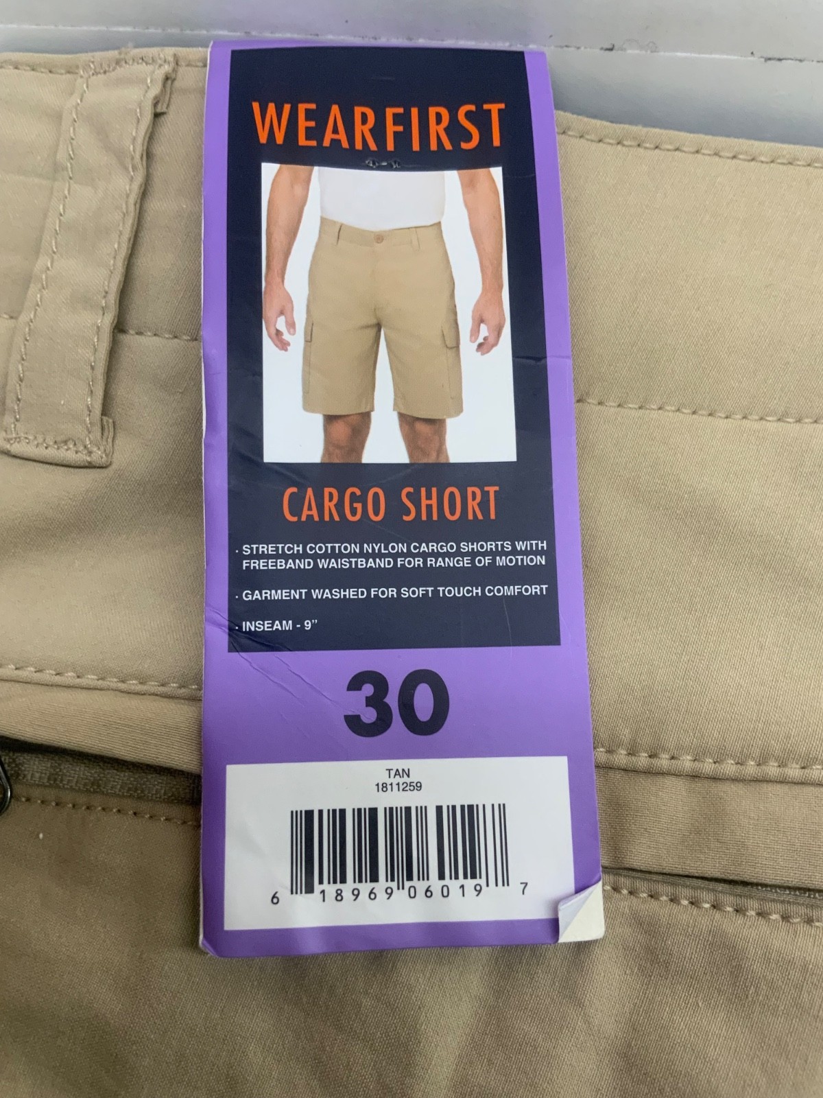 WEARFIRST 30” W x 9”L 11” rise CARGO SHORTS ELASTIC waist 6 pockets (2 zip) TAN