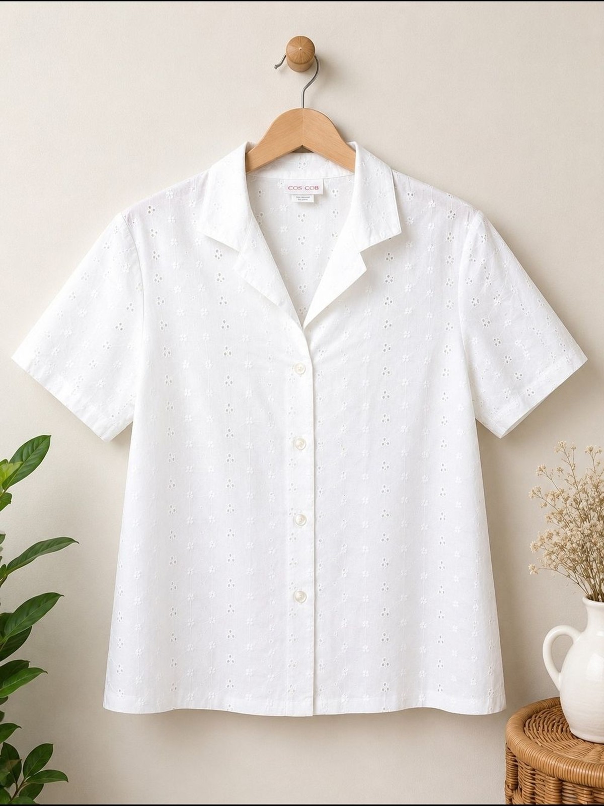 Vintage Cos Cob White Eyelet Short-Sleeve Button-Down Shirt