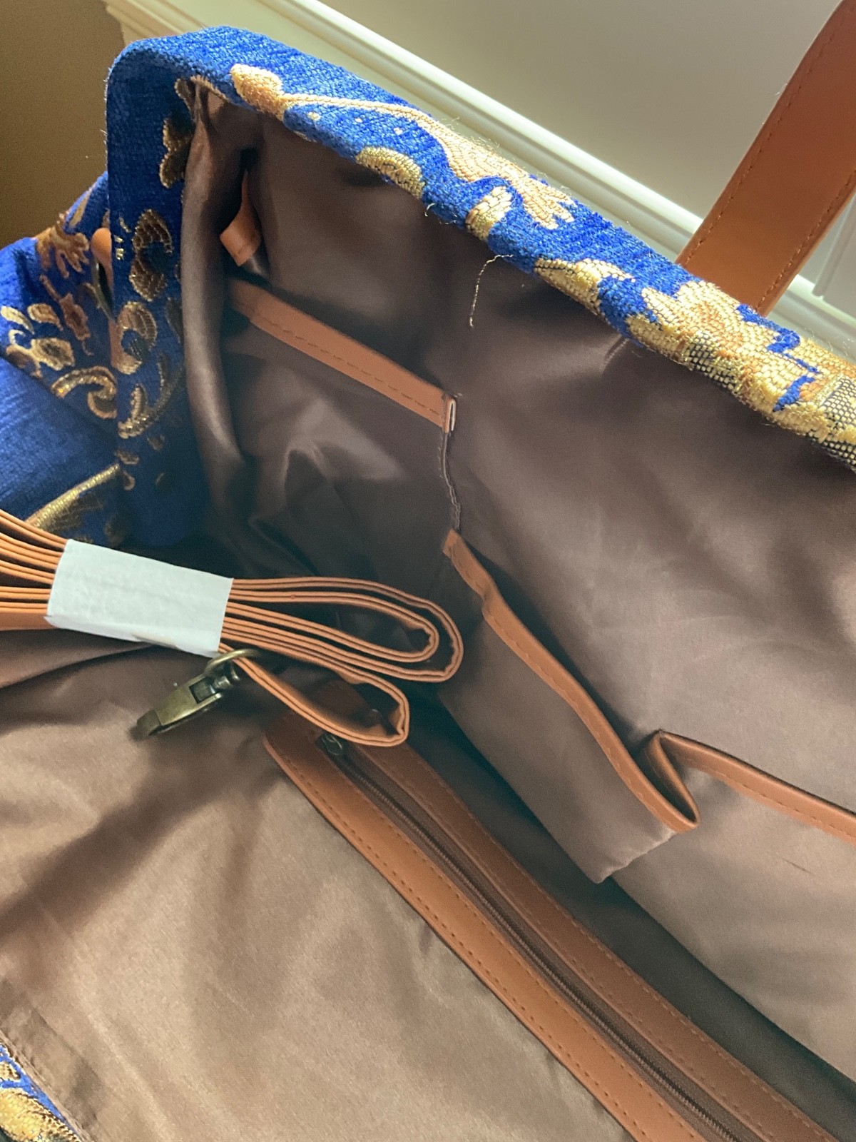retro carpet bag large blue and gold