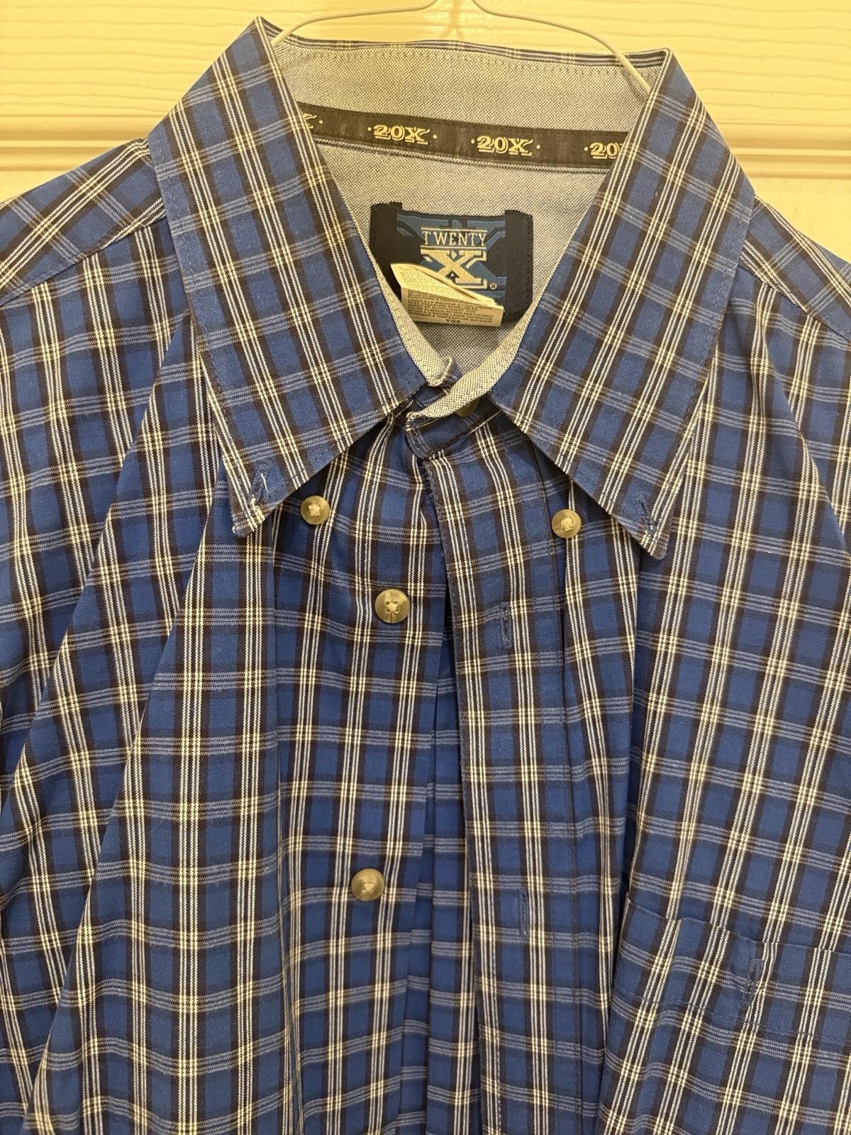 Wrangler Twenty X Men’s L Blue Plaid Long Sleeve Cotton Button-Up Pockets