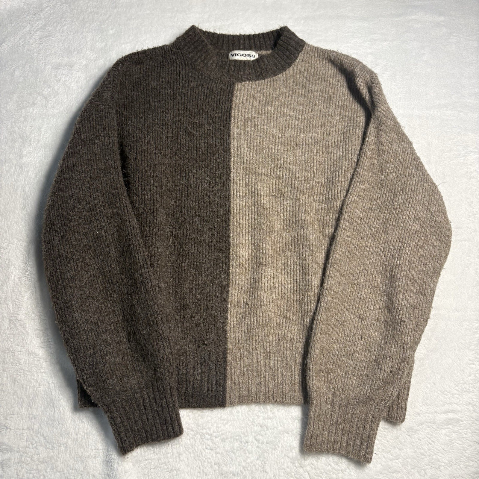 VIGOSS Womens Split Color Crewneck Pullover Cropped Sweater Ribbed Brown Beige S