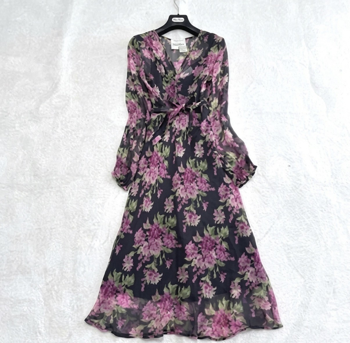 Max Mara Silk Floral Maxi Dress Ribbon Tie Black Pink Slip Auth