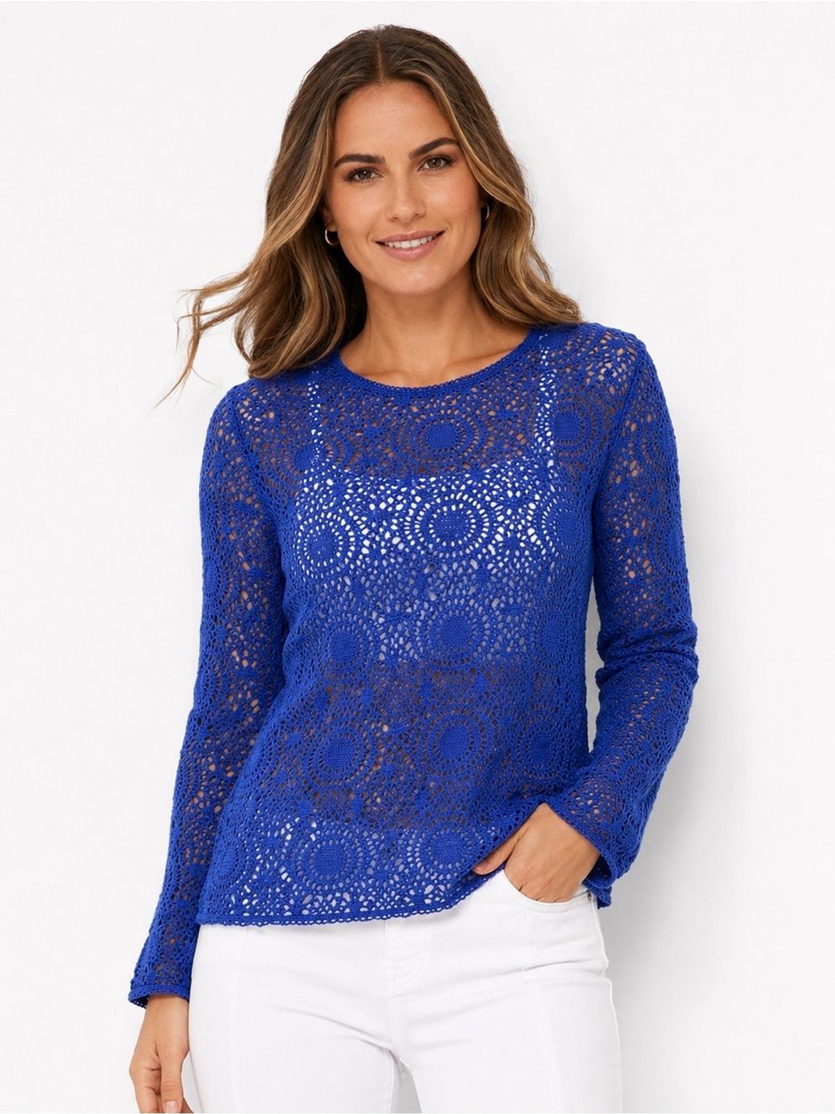 Tommy Bahama Blue Crochet Lace Knit Sweater Top Medium