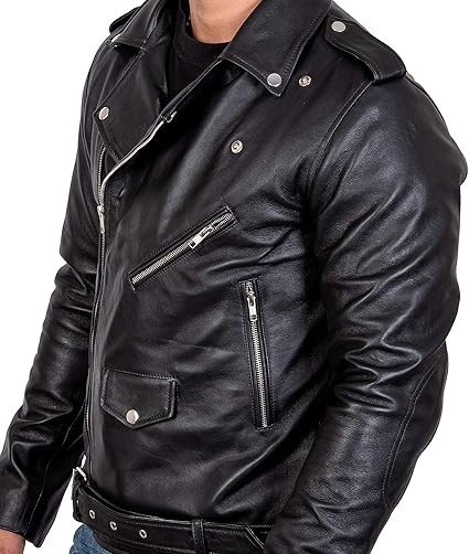 Mens Brando Cowhide Leather Jacket Motorcycle Black Marlon Biker Jacket Classic