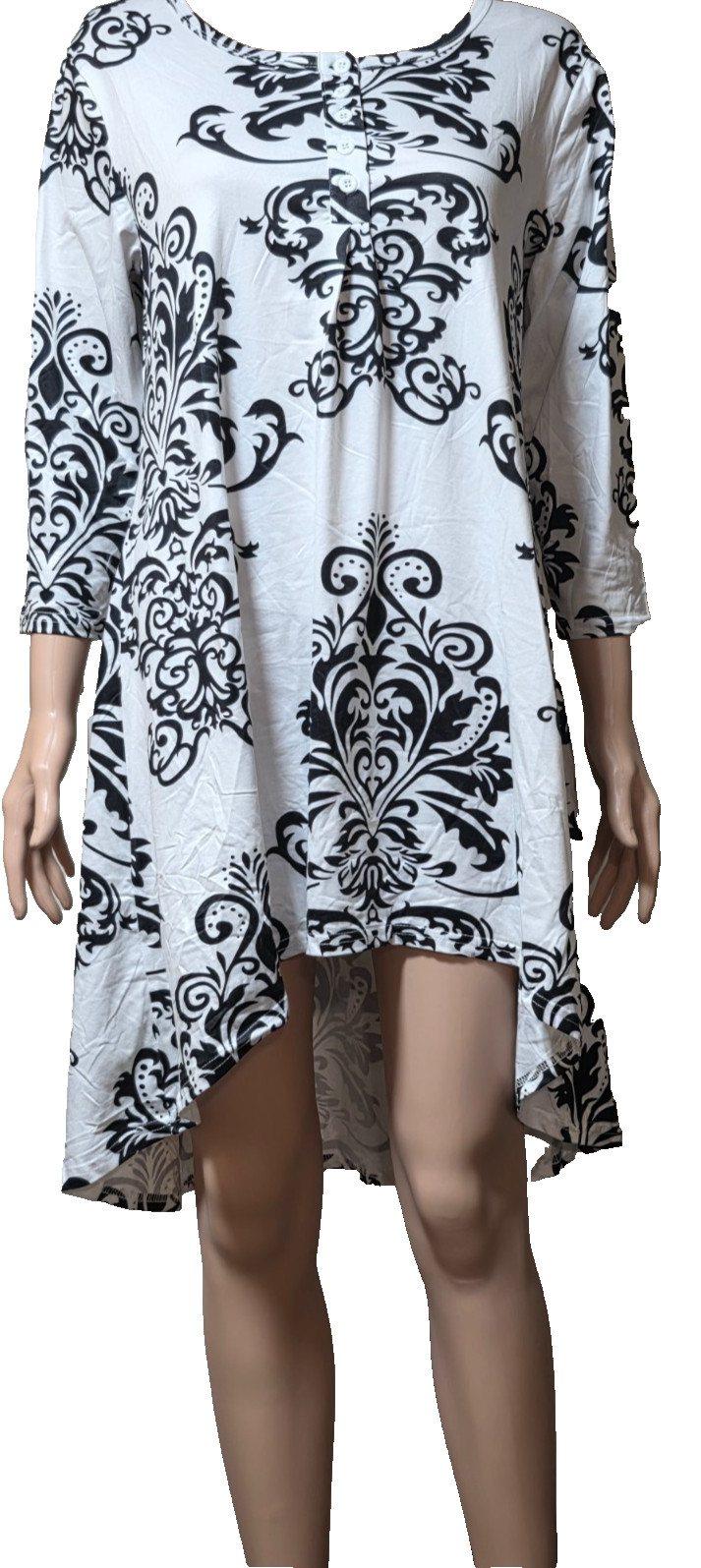 Naggo White & Black Print Tunic Top Button V-Neck & Asymmetrical Hem Size Med.
