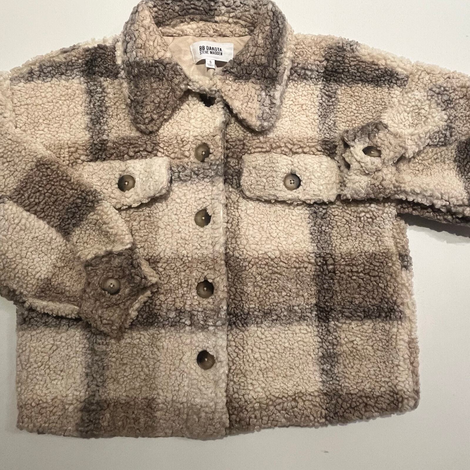 BB Dakota Steve Madden Women Small Plaid To See You Jacket Camel Cropped Sharpa