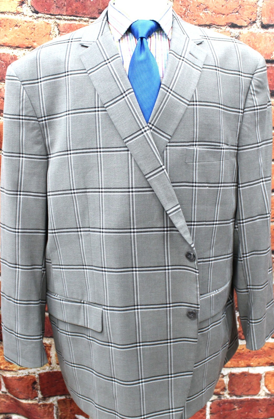 58 LONG- LINEAGE WINDOWPANE GRAY, BLACK & WHITE SPORT COAT POLY/RAYON/SPANDEX