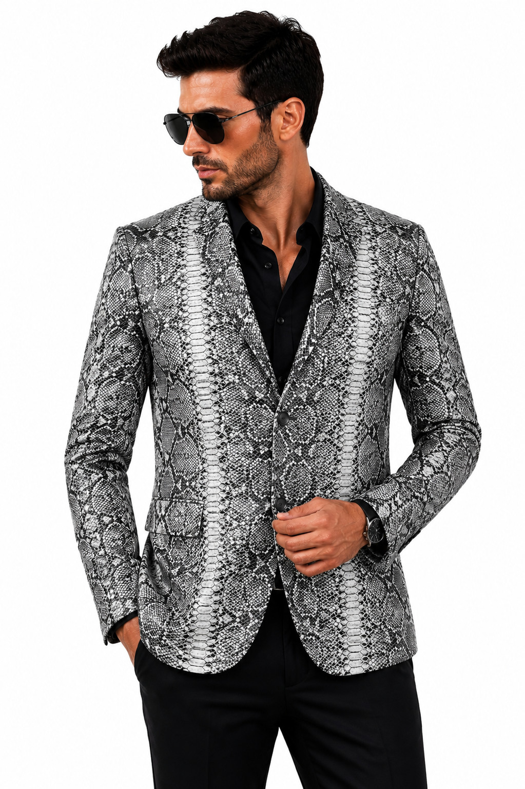 Men’s Python Snakeskin Print Leather Blazer Jacket White Black Exotic Style Spor