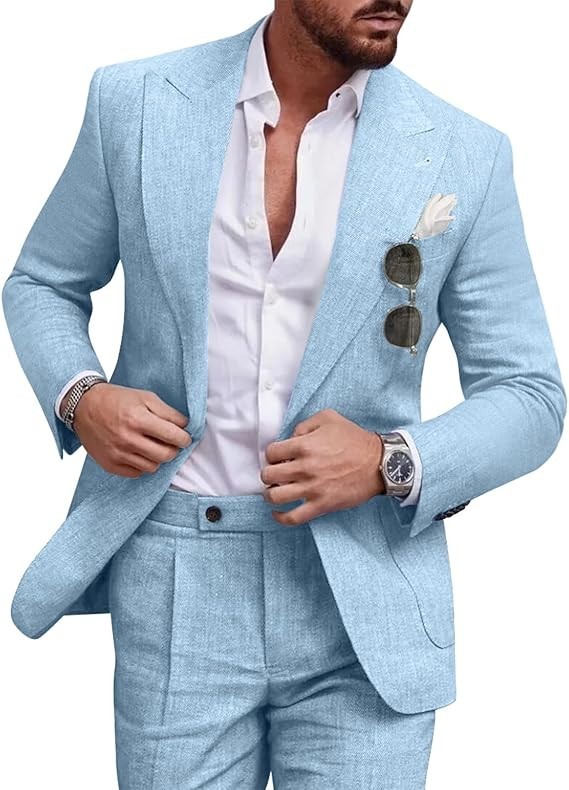 Linen Men’s Suit Set Casual Tuxedo 2 Piece Regular Fit Blazer One Button Jacket