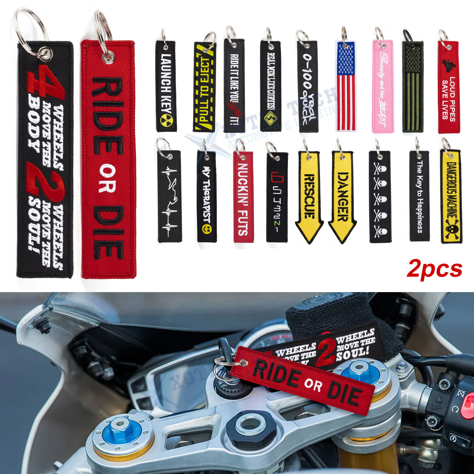 2pcs New Double Sided Embroidered Key Chain Motorcycle Tag Luggage Keyring Gift