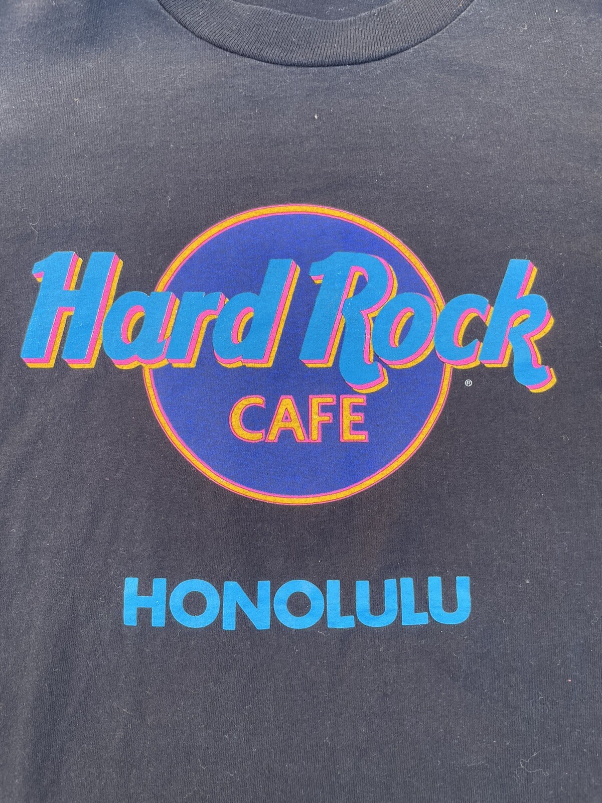 Men Sz L – VTG Hard Rock Cafe Honolulu Hawaii Black/Neon Blue 90s Single Stitch