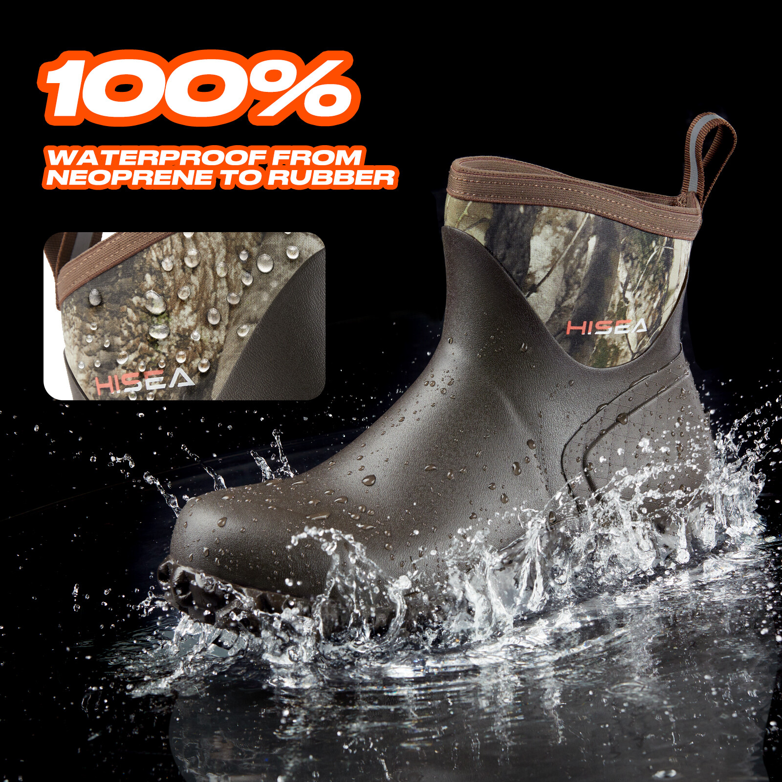 HISEA Men Ankle Rain Boots Neoprene Rubber Waterproof Non-Slip Outdoor Work Boot