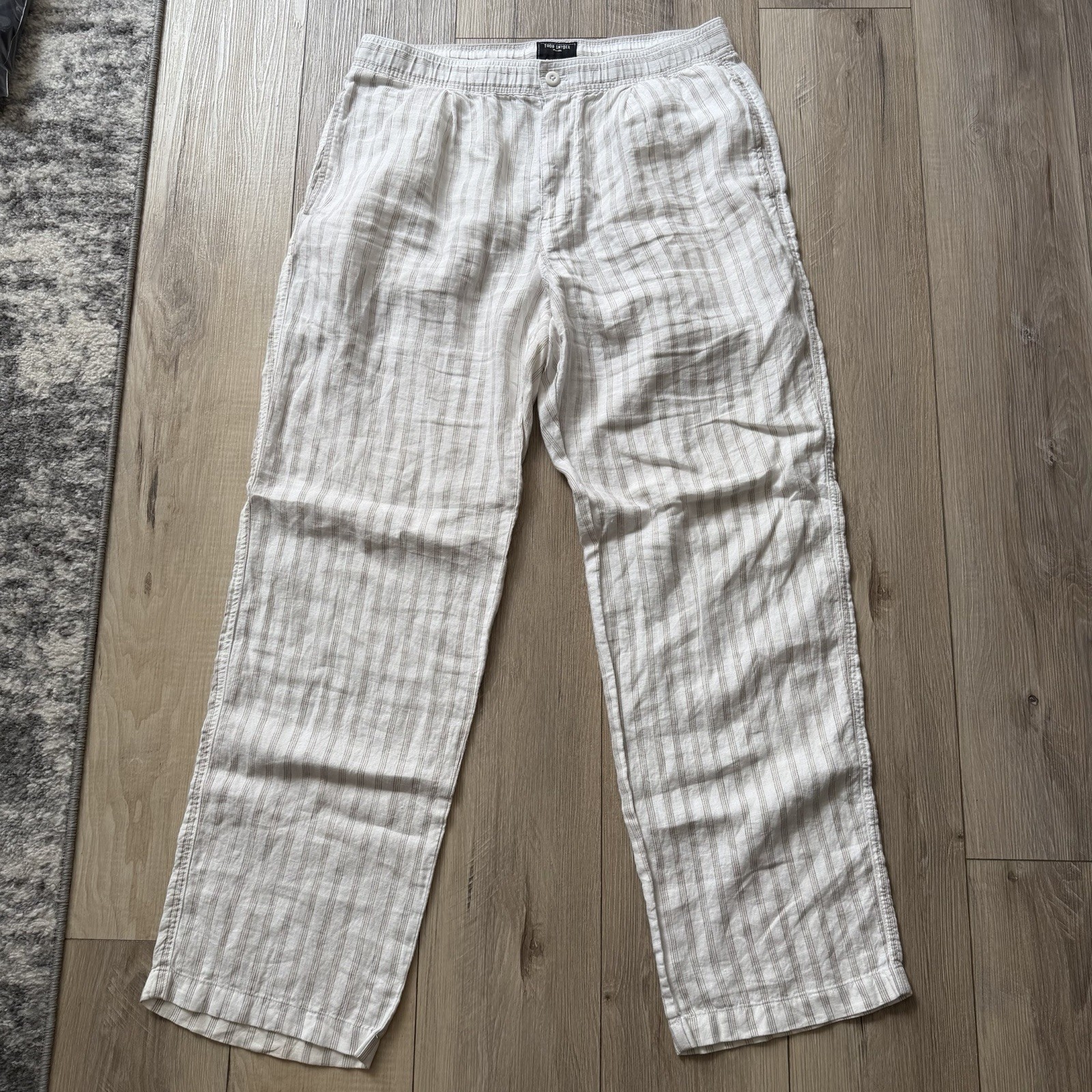 TODD SNYDER Relaxed 100% Linen Leisure Pants in White Striped Pleated L $198