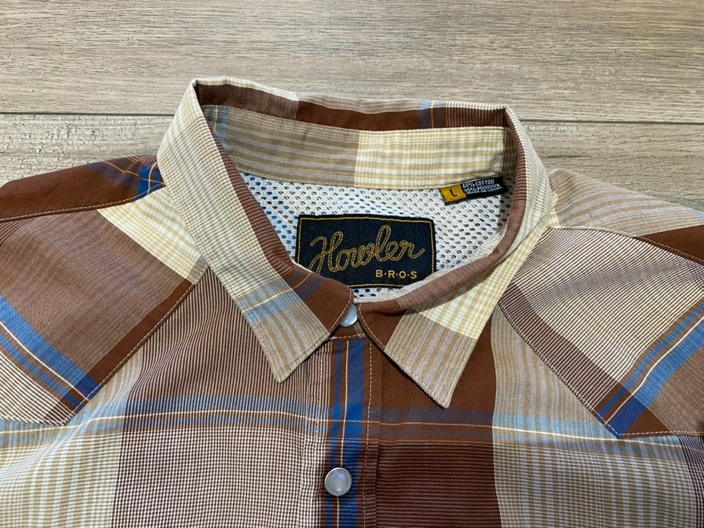 Howler Bros H Bar B Tech Shirt Mens L Plaid Western Snap Button Long Sleeve