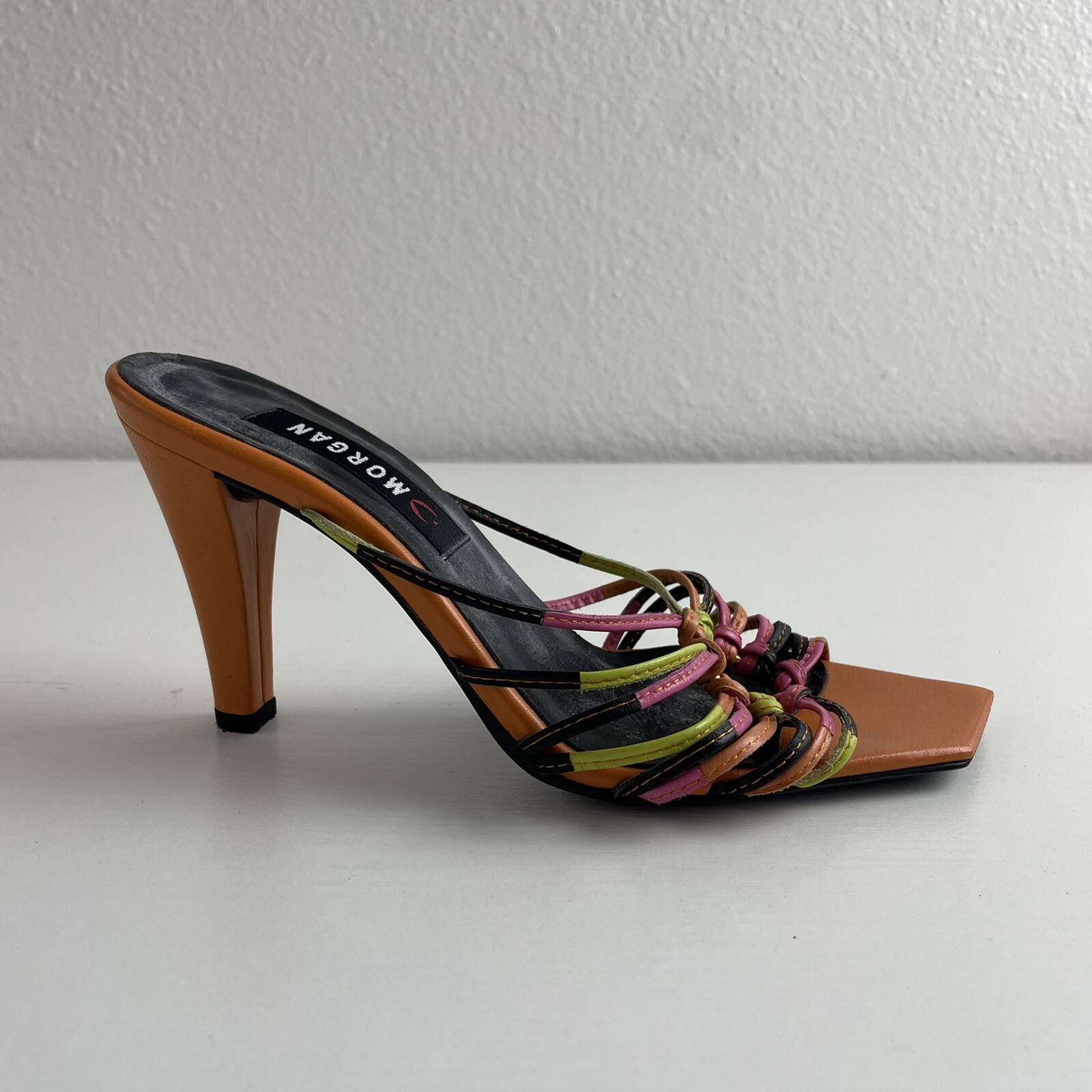 Y2K Vintage Morgan De Toi Heels 5 5.5 35 Orange Strappy Open Square Toe Stiletto