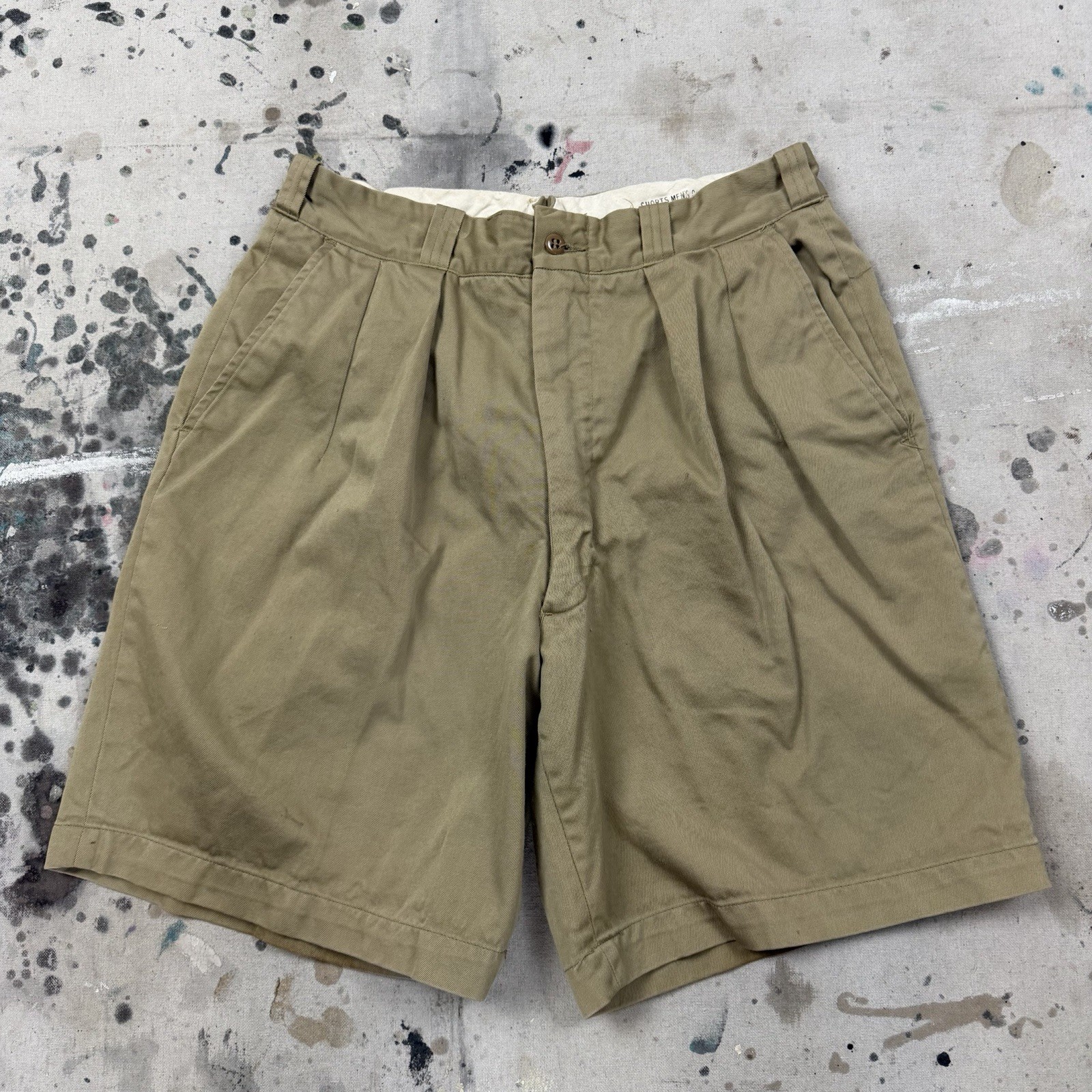 Vintage 50s US Military Khaki Cotton Twill Pleated Shorts Men 32 Army Korean War