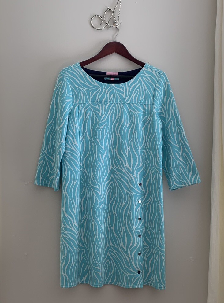 Lilly Pulitzer Blue Dress Large Shift Sleeves Self Tie Belt