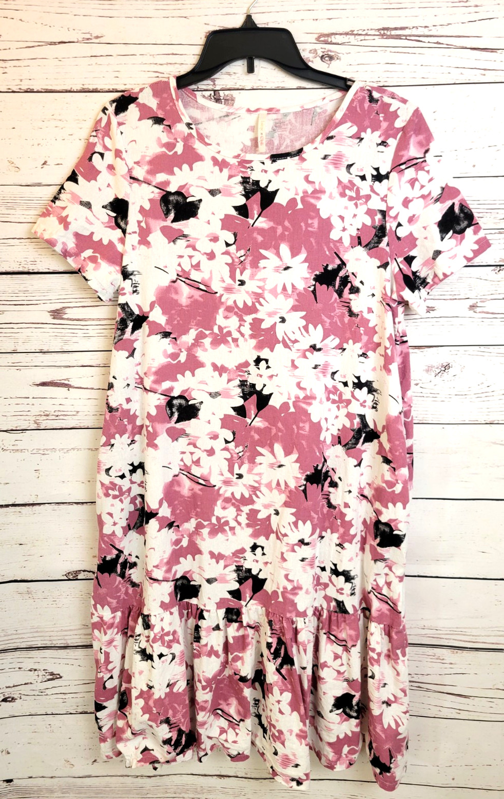 Lime N Chili Pink Floral Linen Blend Short Sleeve Shift Dress Womens Size Medium